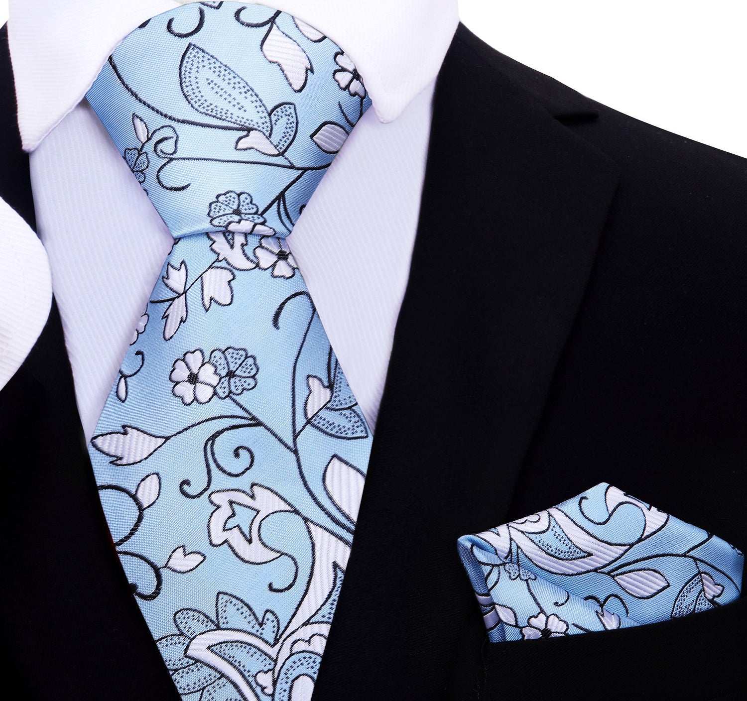 A Light Blue, White, Black Floral Pattern Silk Necktie, Matching Pocket Square