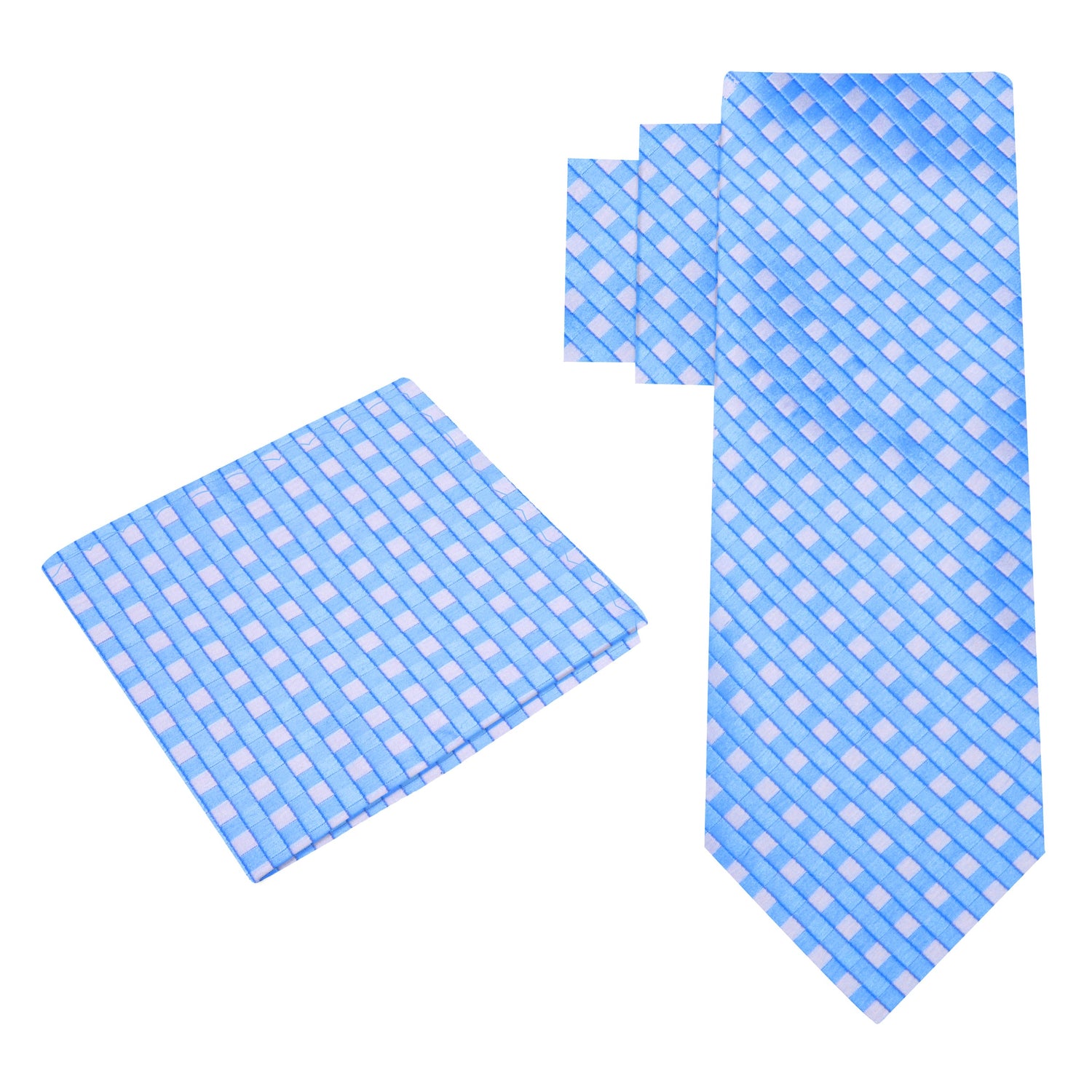 Alt View: A Light Blue, White Small Geometric Check Pattern Silk Necktie, Matching Silk Pocket Square