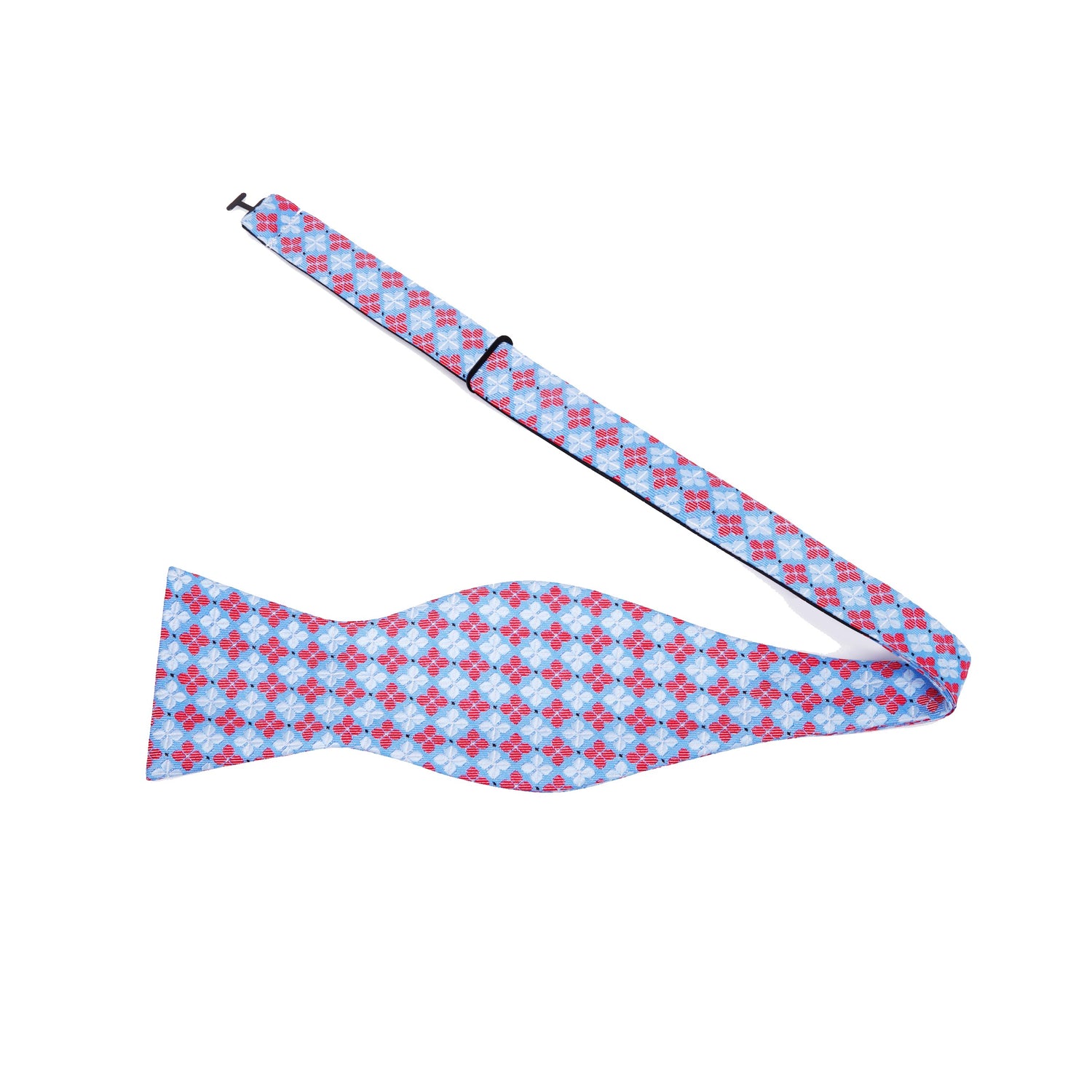 Untied View: A Light Blue, Light Red Geometric Clover Pattern Silk Self Tie Bow Tie, Pocket Square