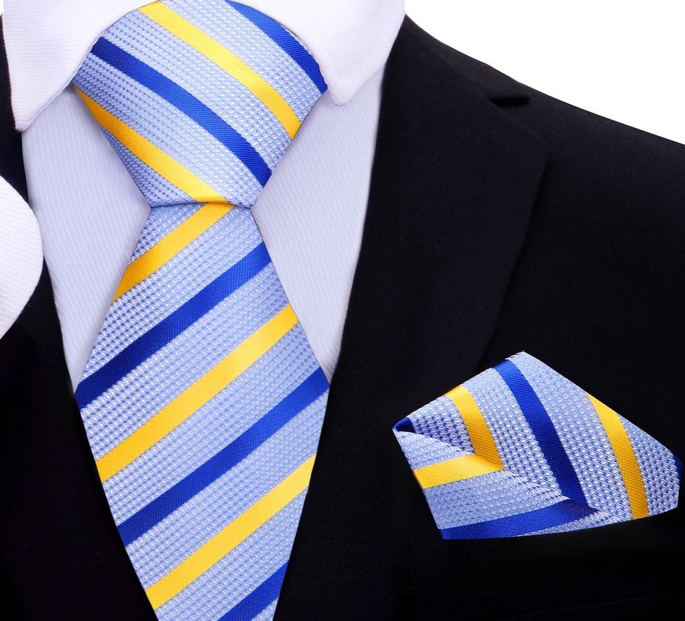 Light Blue, Blue, Yellow Stripe Tie and Pocket Square