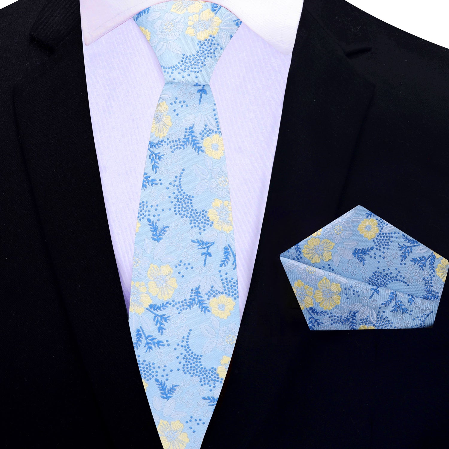 Light Blue, Blue, Light Yellow Floral Thin Tie and Pocket Square