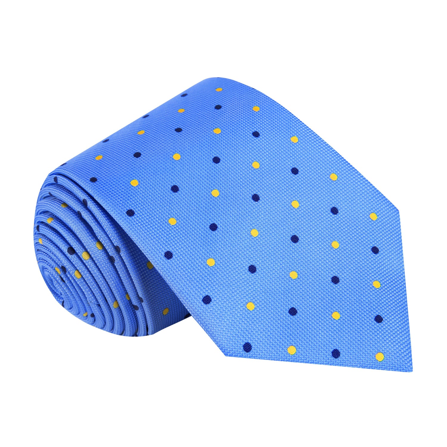 A Light Blue, Blue, Yellow Polka Dot Pattern Silk Necktie 