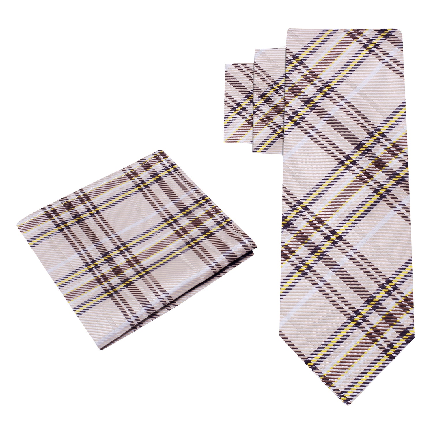 Alt View: A Brown, Tan, Cream Plaid Pattern Silk Necktie, Matching Pocket Square