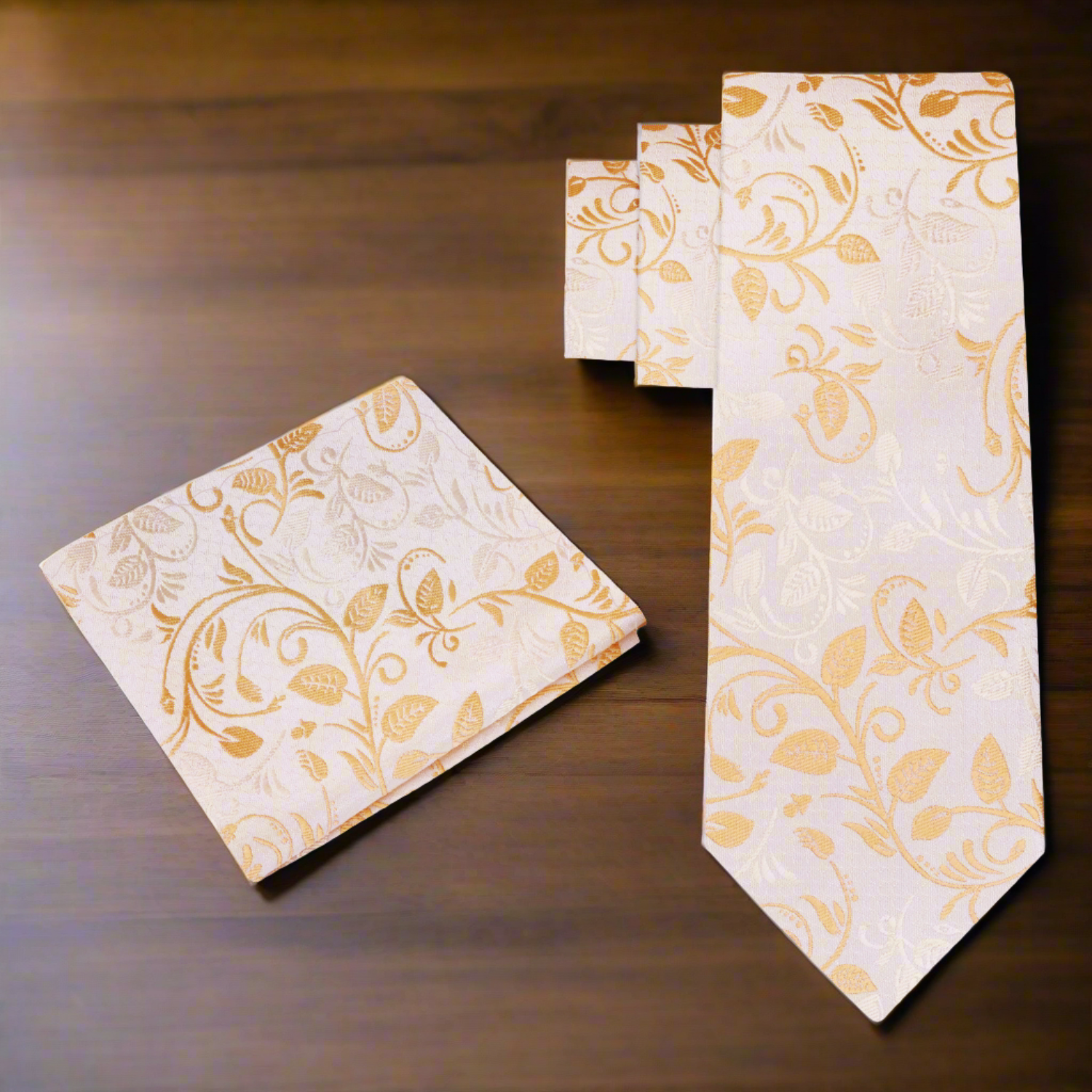 View 2: A Beige, Tan Floral Pattern Silk Necktie, Matching Pocket Square