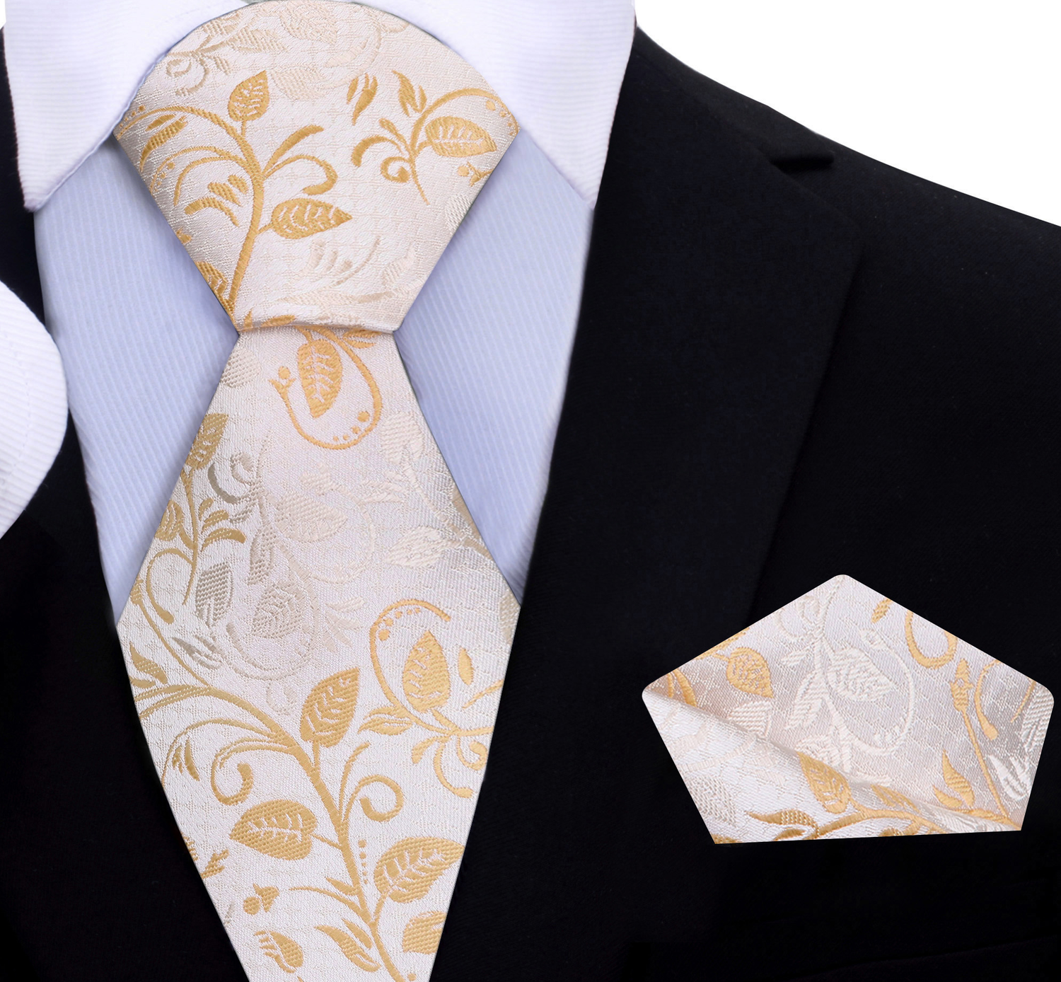 A Beige, Tan Floral Pattern Silk Necktie, Matching Pocket Square