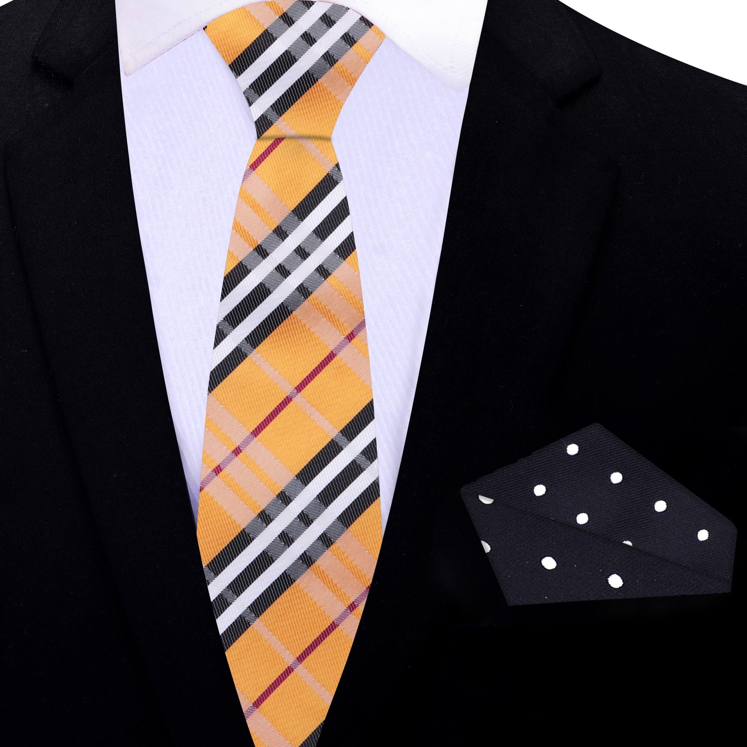 Thin Tie: Golden Brown, Black, White, Red Plaid Tie and Black with White Dots Square