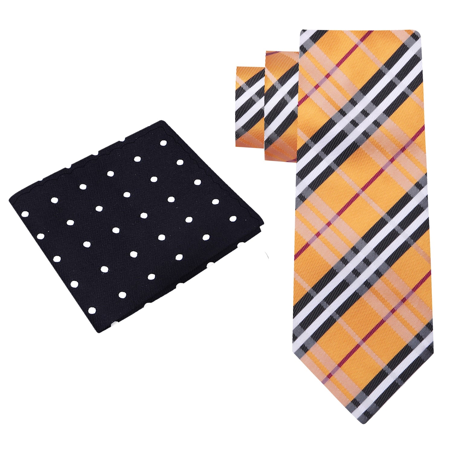 Alt View: Golden Brown, Black, White, Red Plaid Tie and Black with White Dots Square