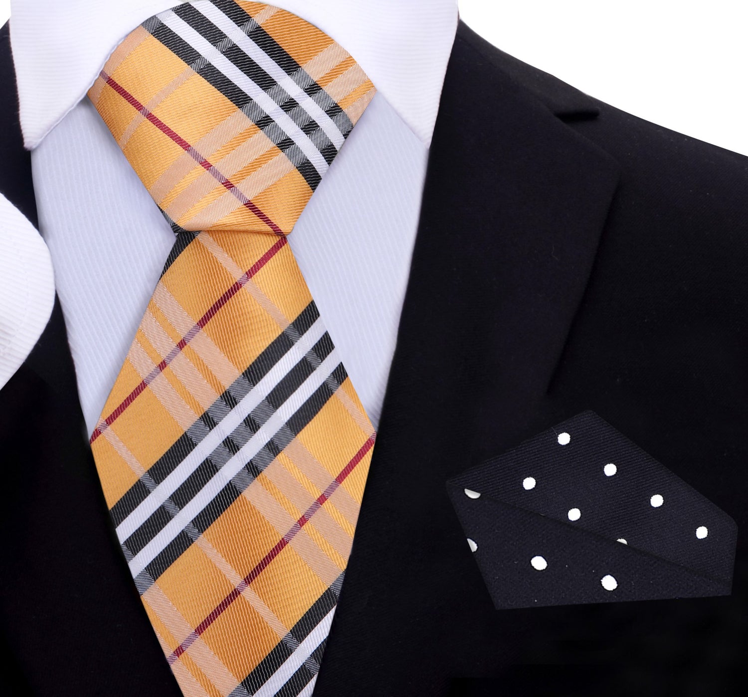 Golden Brown, Black, White, Red Plaid Tie and Black with White Dots Square