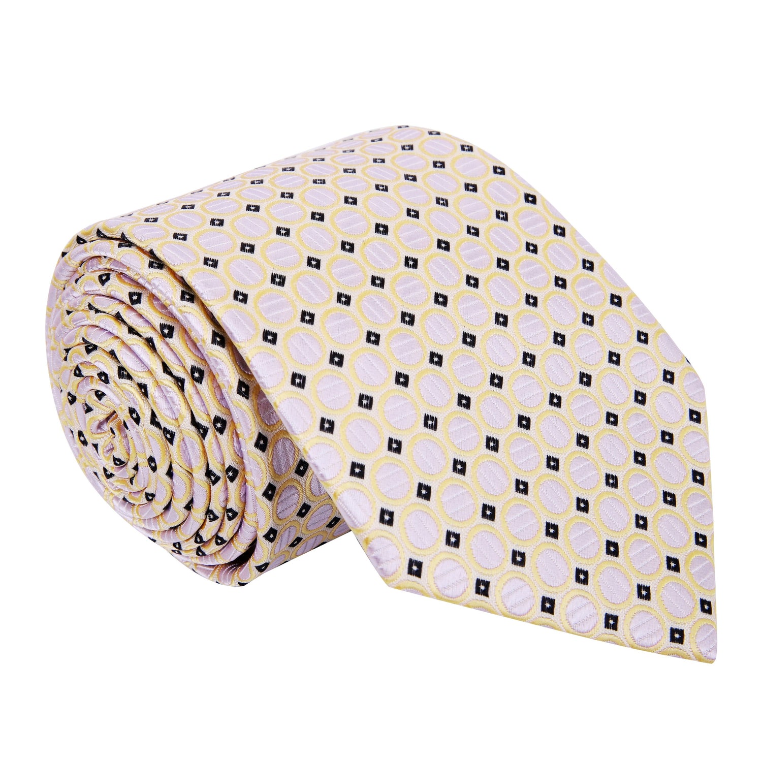 A Light Yellow, Tan, Black Check Pattern Silk Necktie