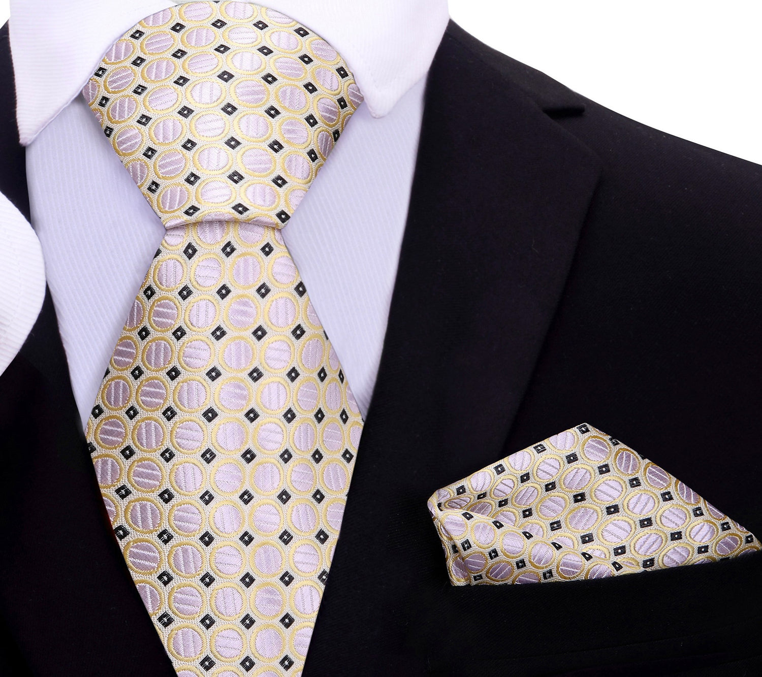 A Light Yellow, Tan, Black Check Pattern Silk Necktie, Matching Pocket Square