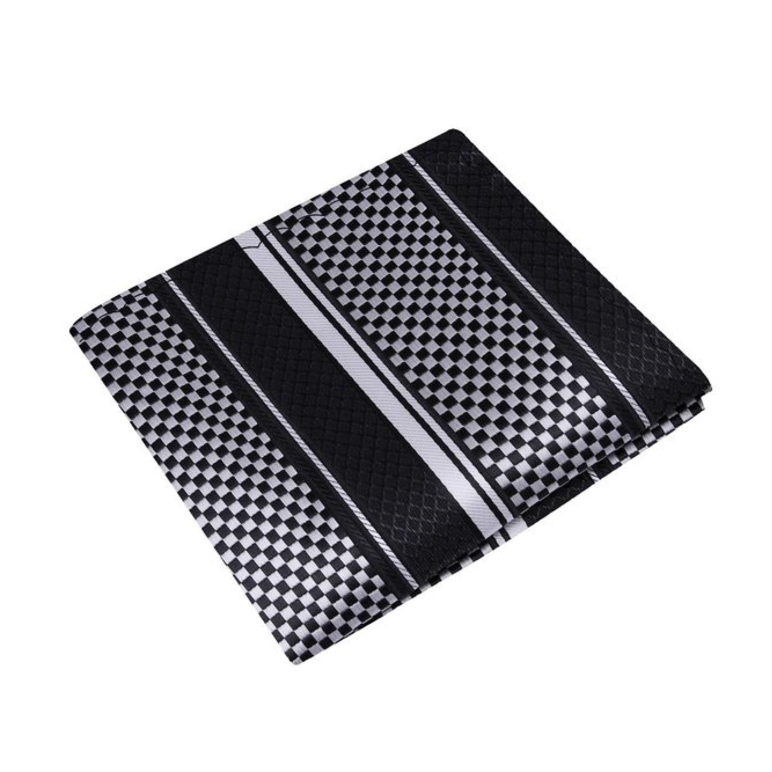 A Black, Light Silver Color Geometric Squares Pattern Silk Pocket Square