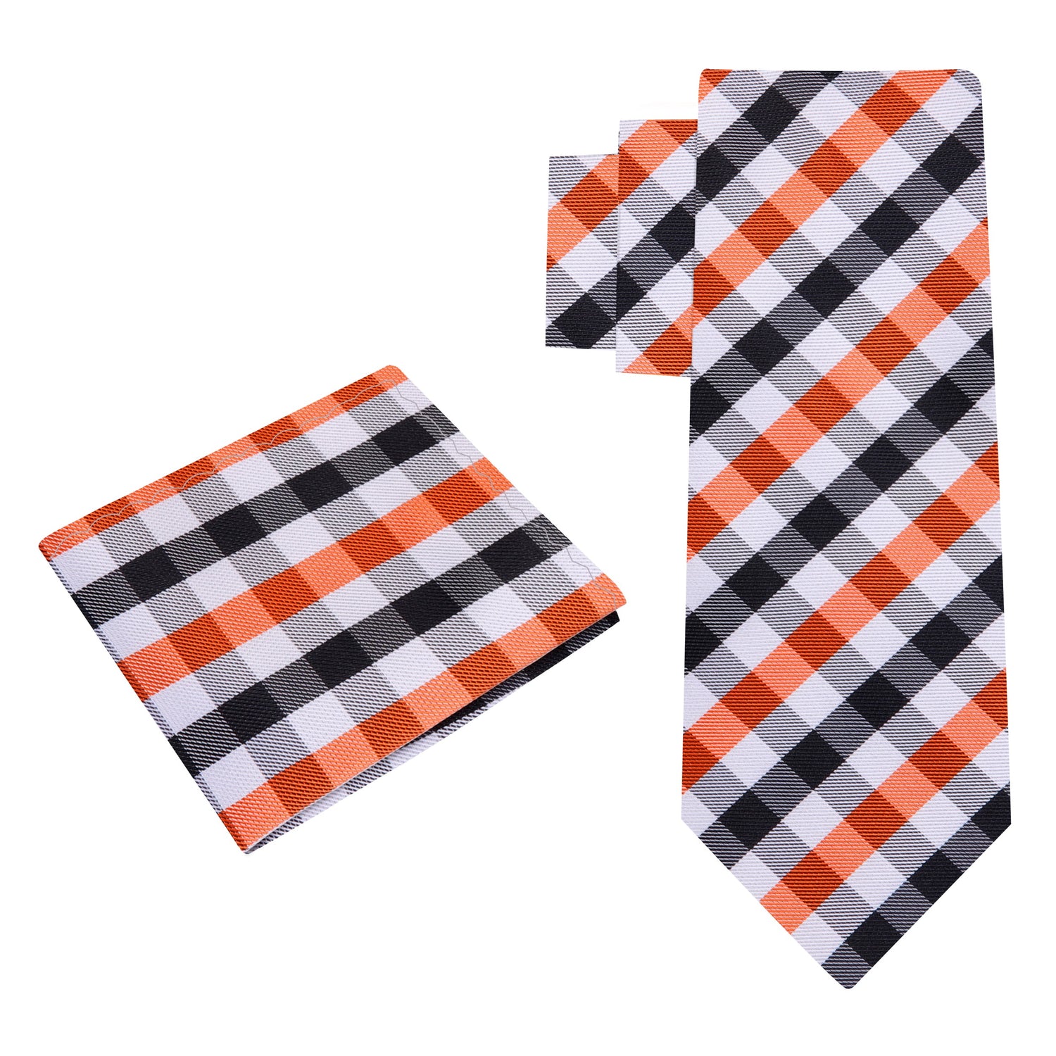 Alt View: A Red, White, Blue Geometric Check Pattern Silk Necktie, Matching Pocket Square