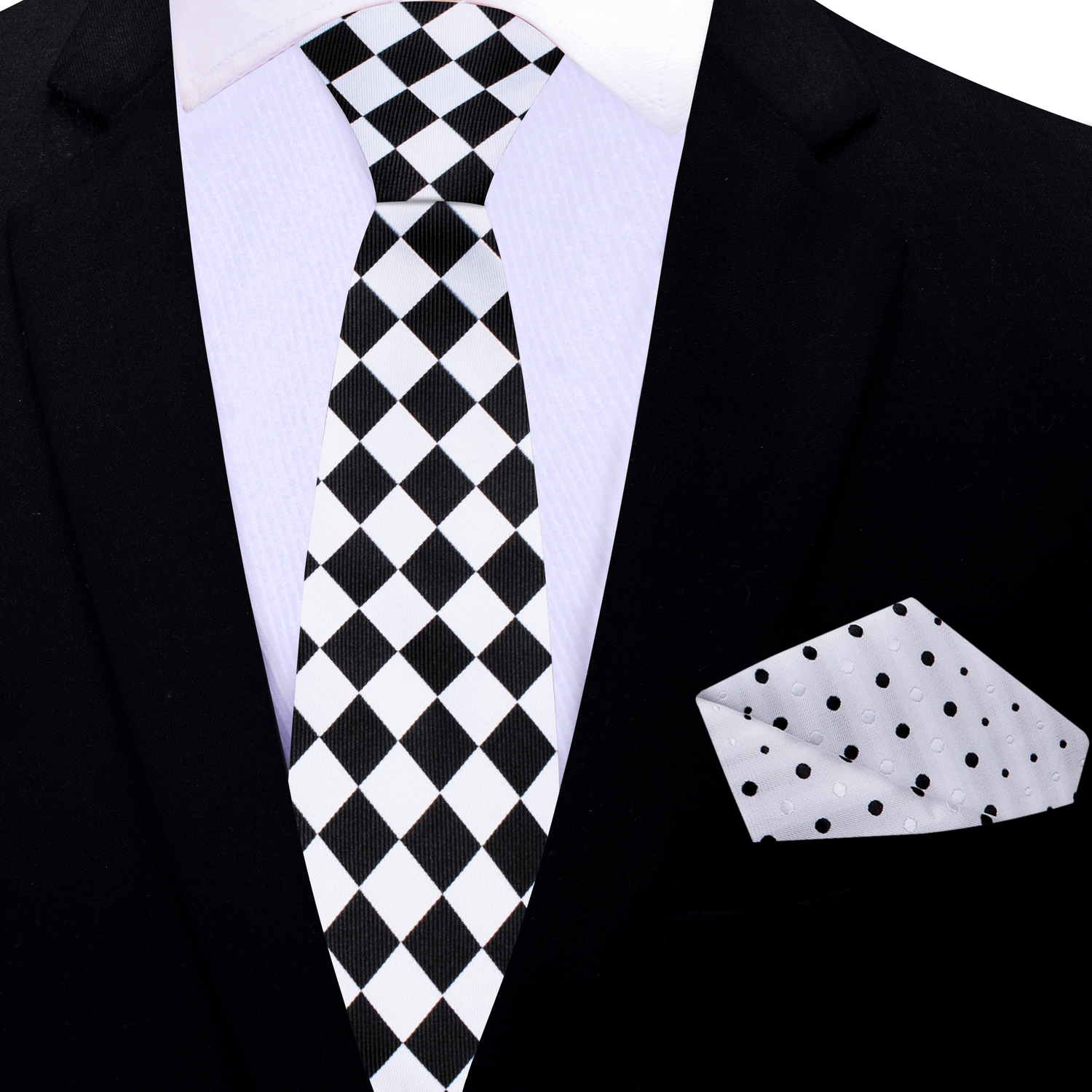 Thin Tie: Light Grey and Black Checkerboard Tie and White Black Polka Pocket Square