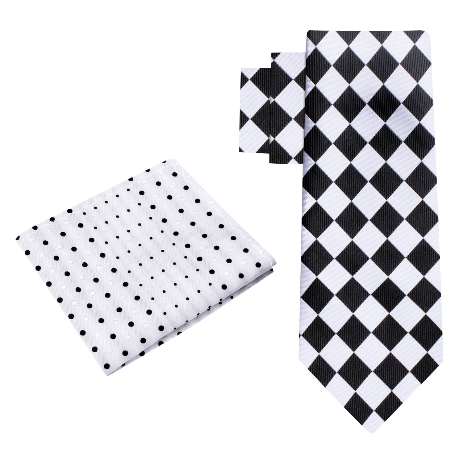 Alt View: Light Grey and Black Checkerboard Tie and White Black Polka Pocket Square