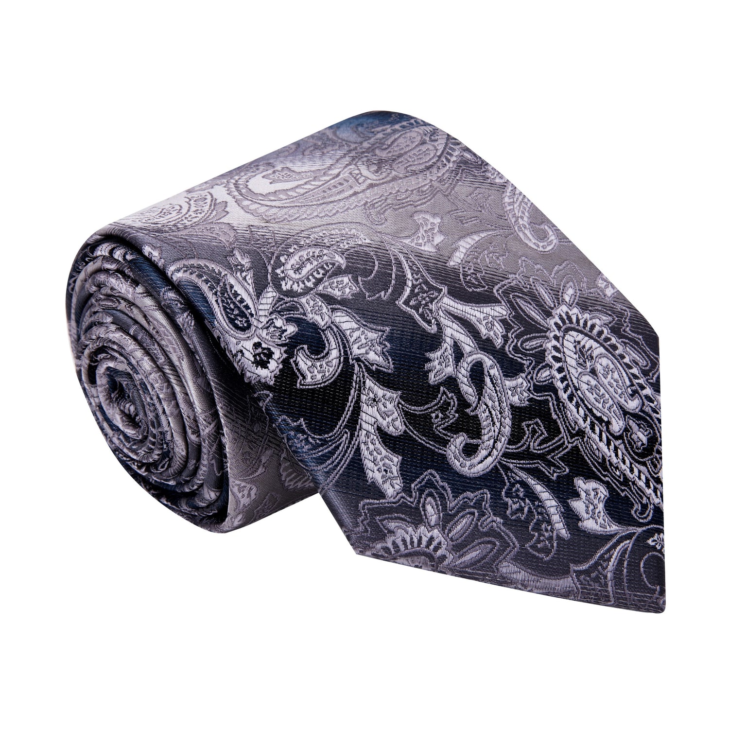 A Steel Grey, Light Grey Paisley Pattern Silk Necktie 