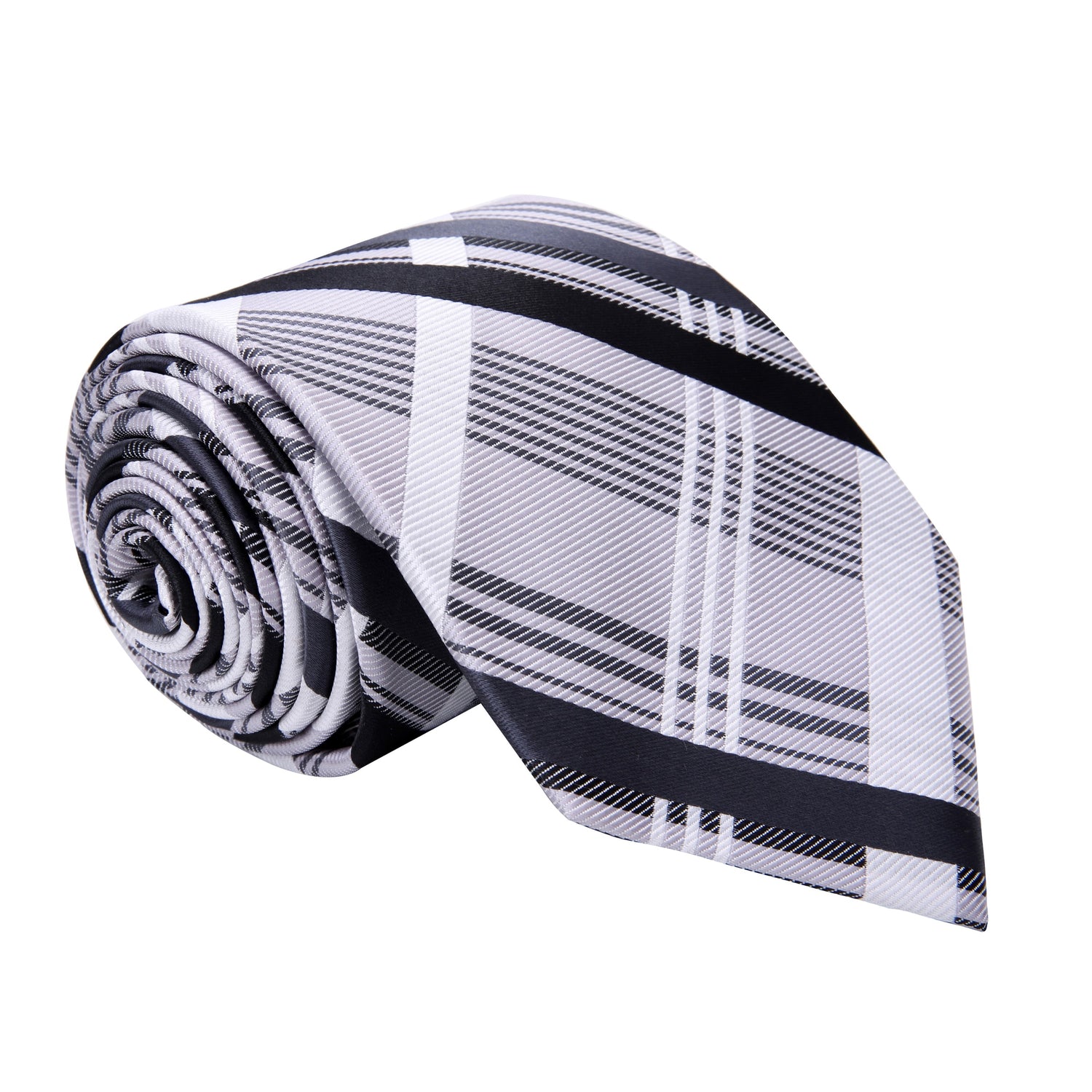 A Black, White, Grey Plaid Pattern Silk Necktie 