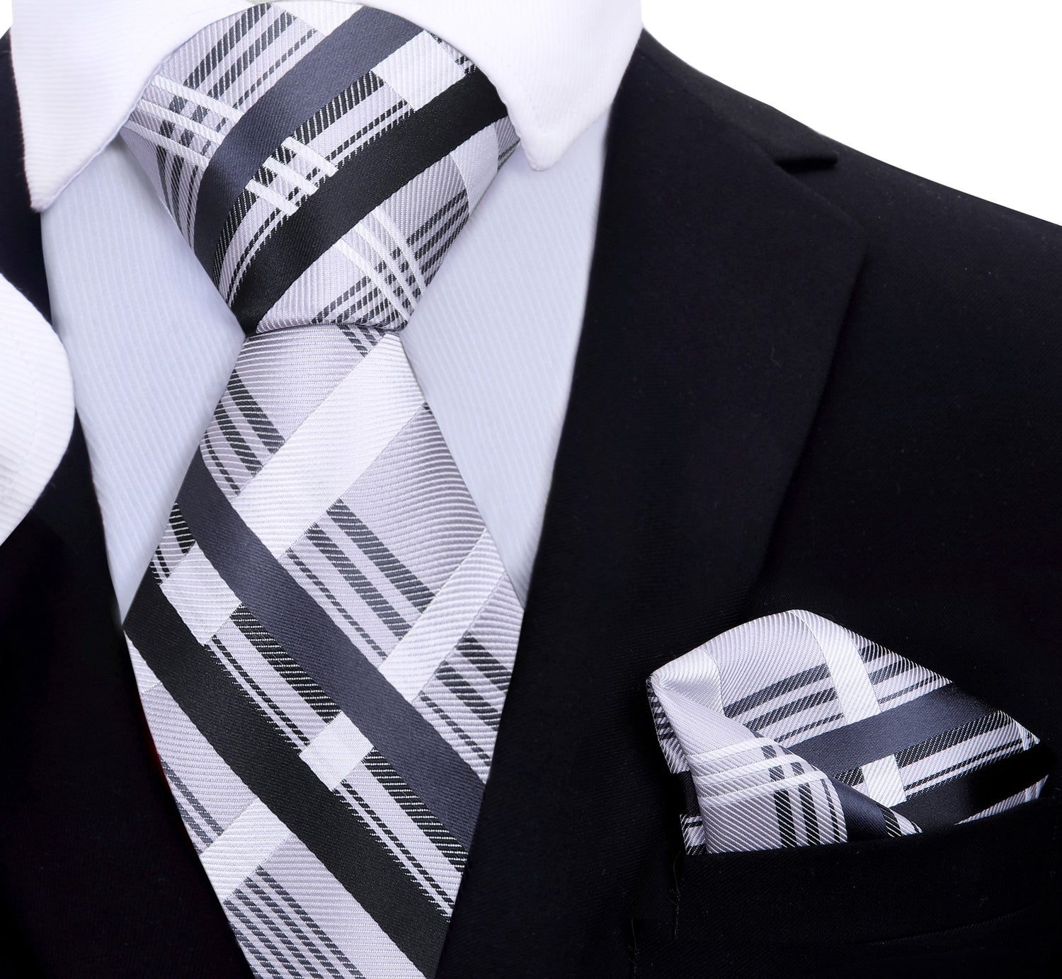 A Black, White, Grey Plaid Pattern Silk Necktie, Pocket Square
