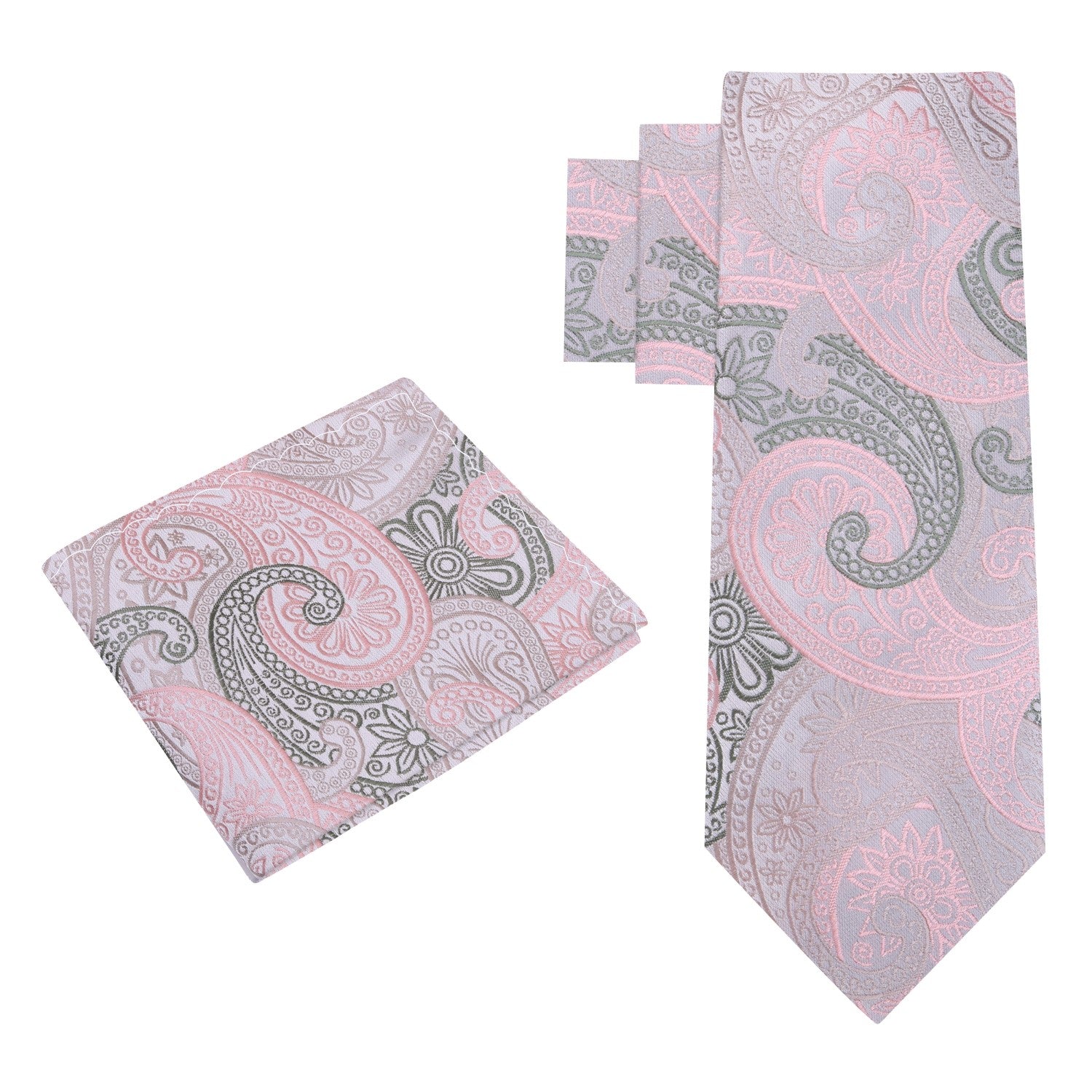 Light Pink, Army Green Paisley Tie and Square