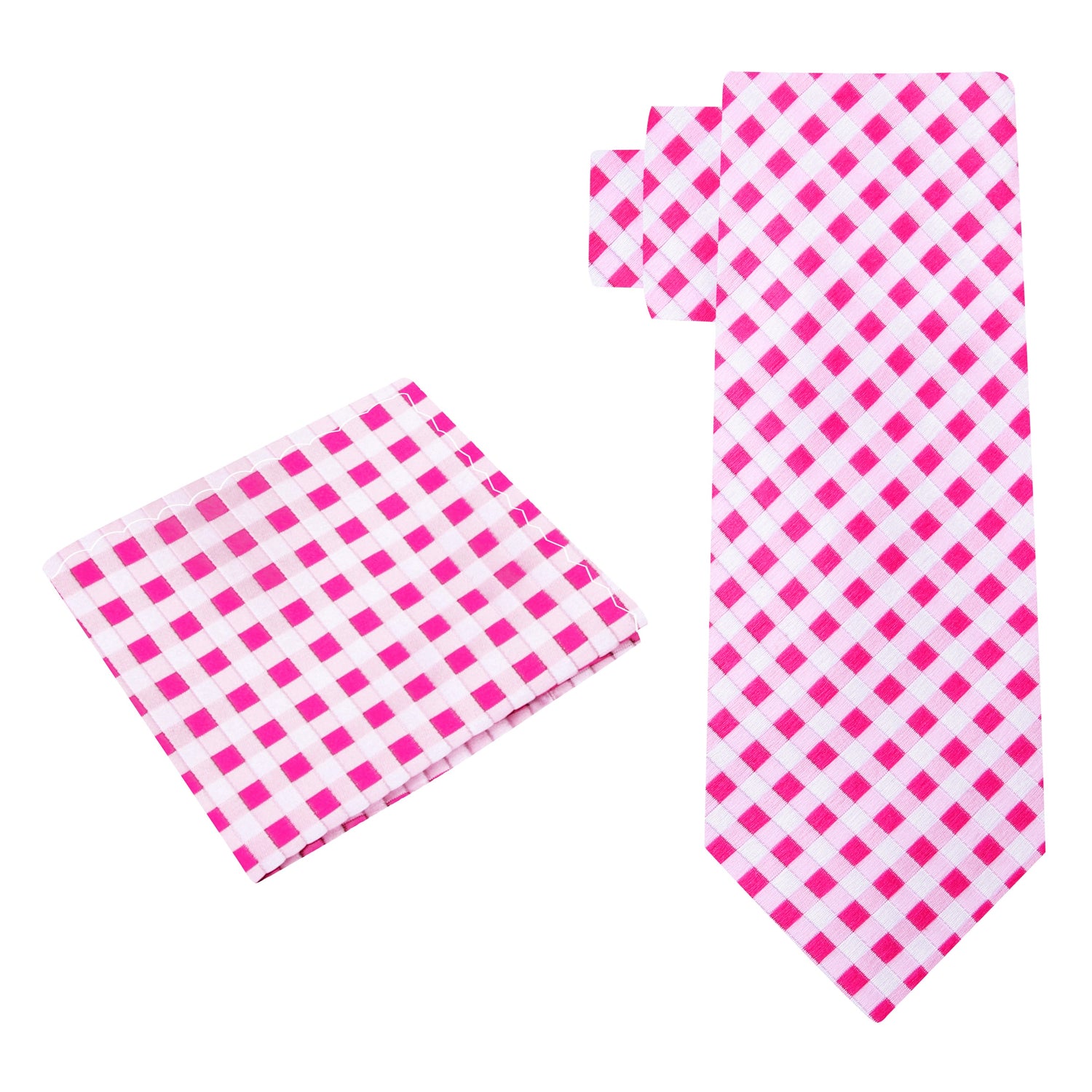 Alt View: A Pink, Light Pink Small Geometric Check Pattern Silk Necktie, Matching Silk Pocket Square