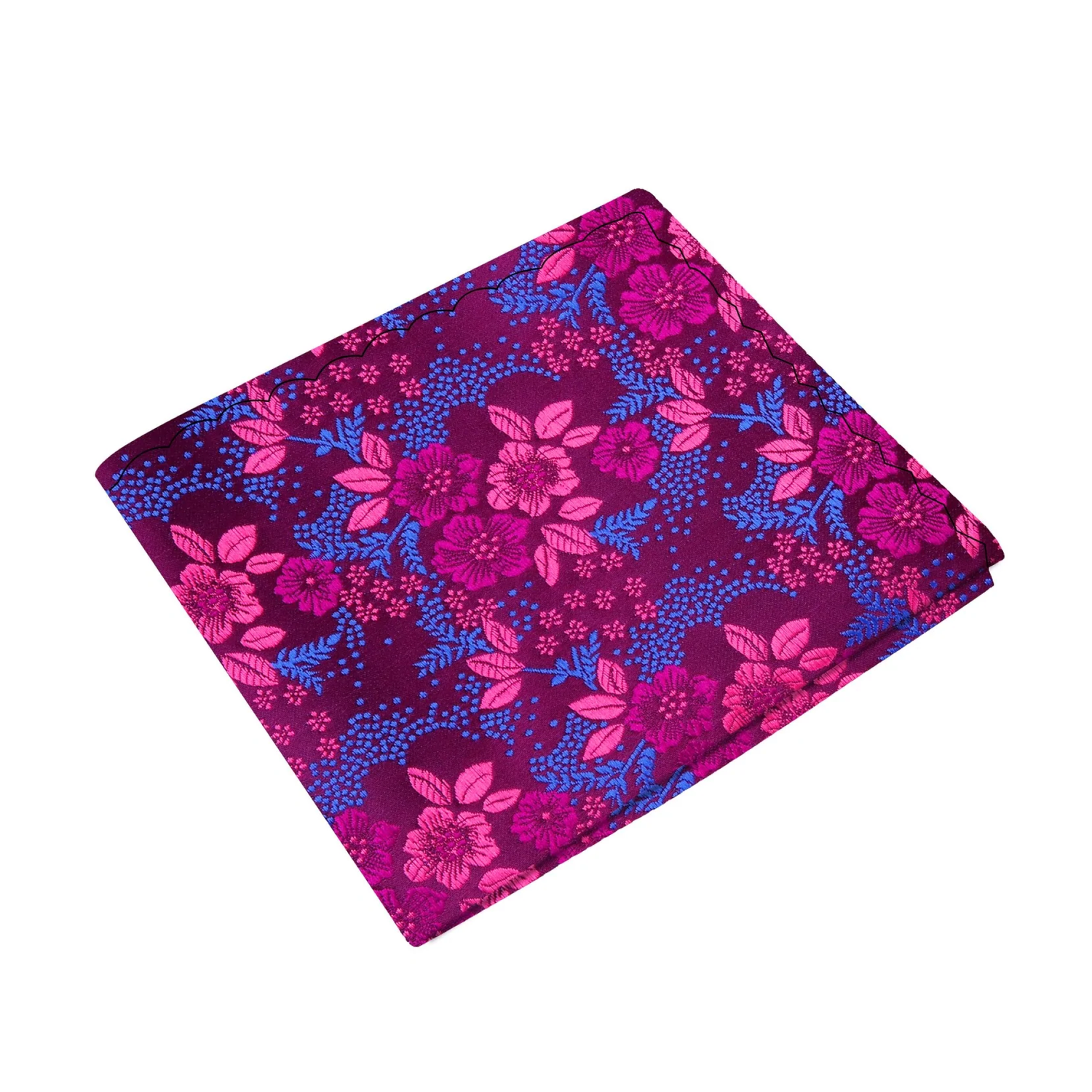 A Pink, Purple, Blue Detailed Flowers Pattern Silk Pocket Square