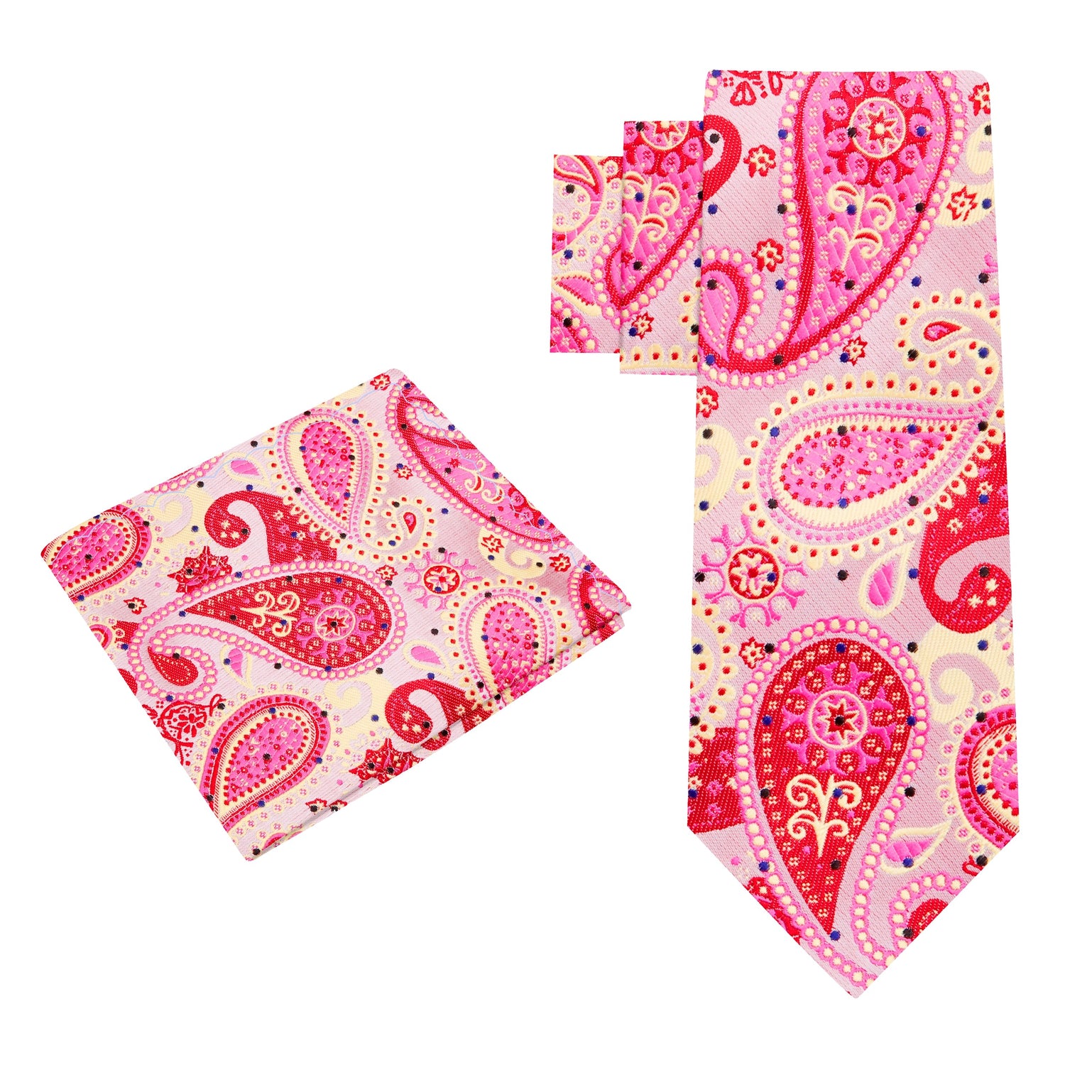 Alt View: A Light Pink, Pink, Orange Paisley Pattern Silk Necktie, Matching Pocket Square