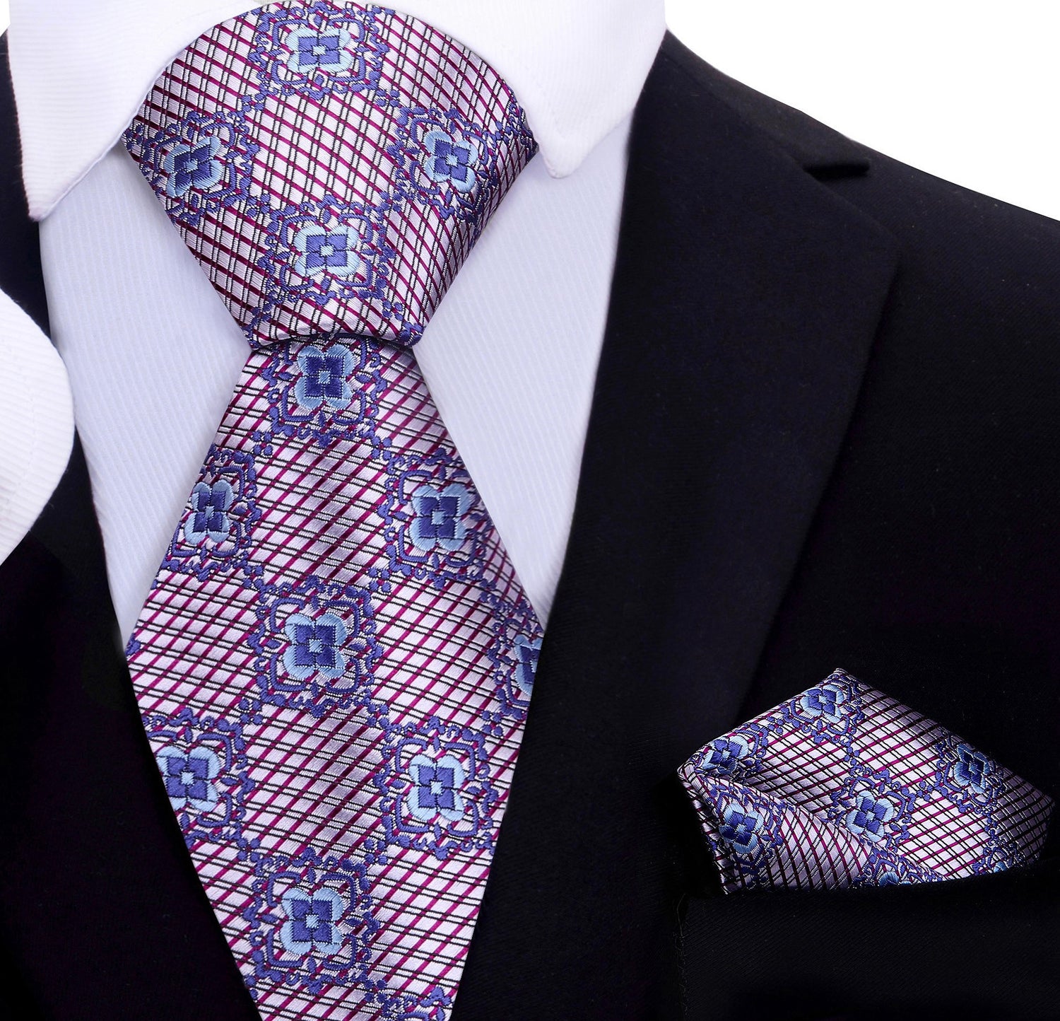 A Silver, Scarlet, Purple Geometric Background With Small Flowers Pattern Silk Necktie, Matching Pocket Square