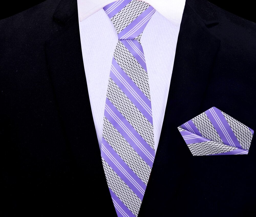 Purple, White and Black Stripe with Dots Silk Thin Necktie and Pocket Square