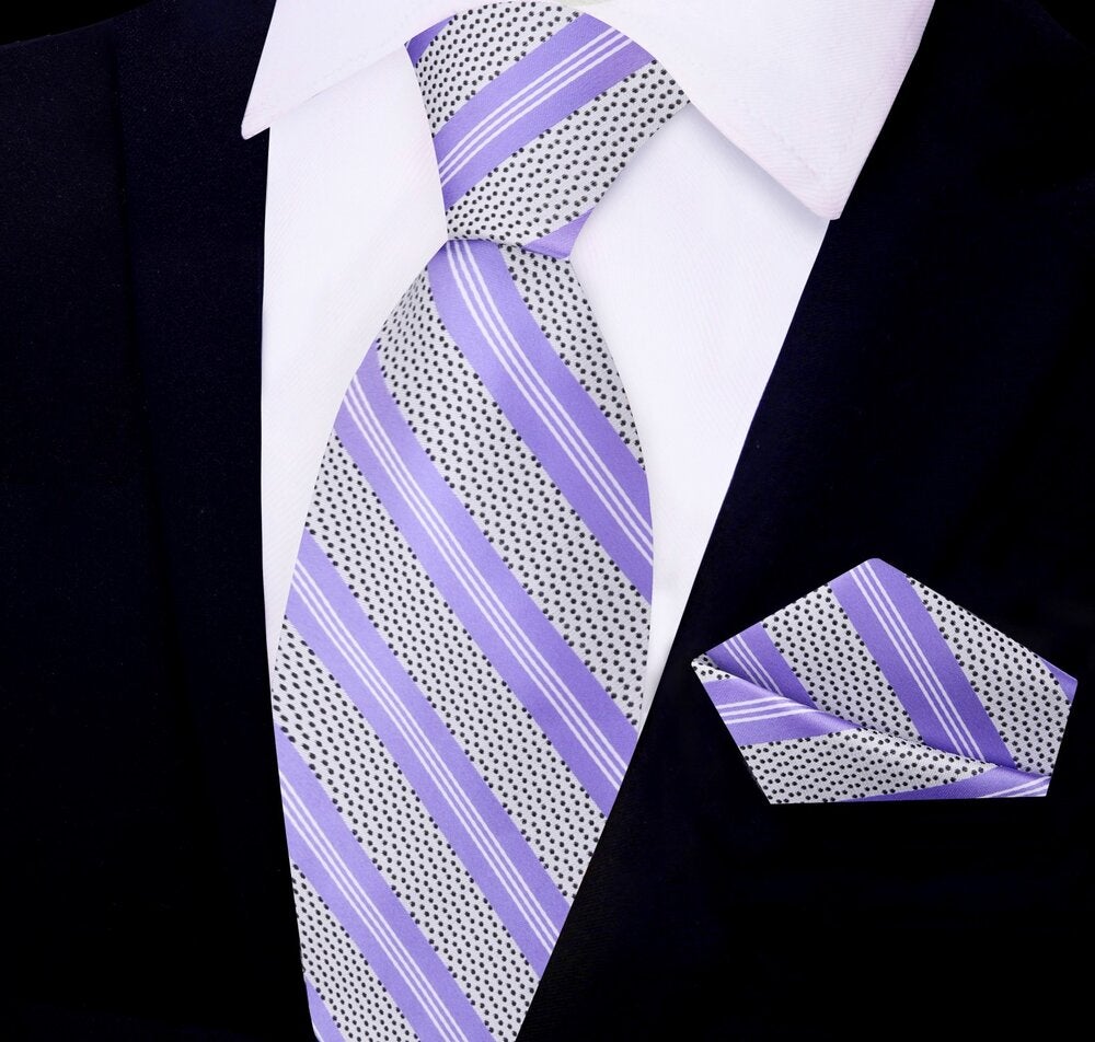 Purple, White and Black Stripe with Dots Silk Necktie and Pocket Square