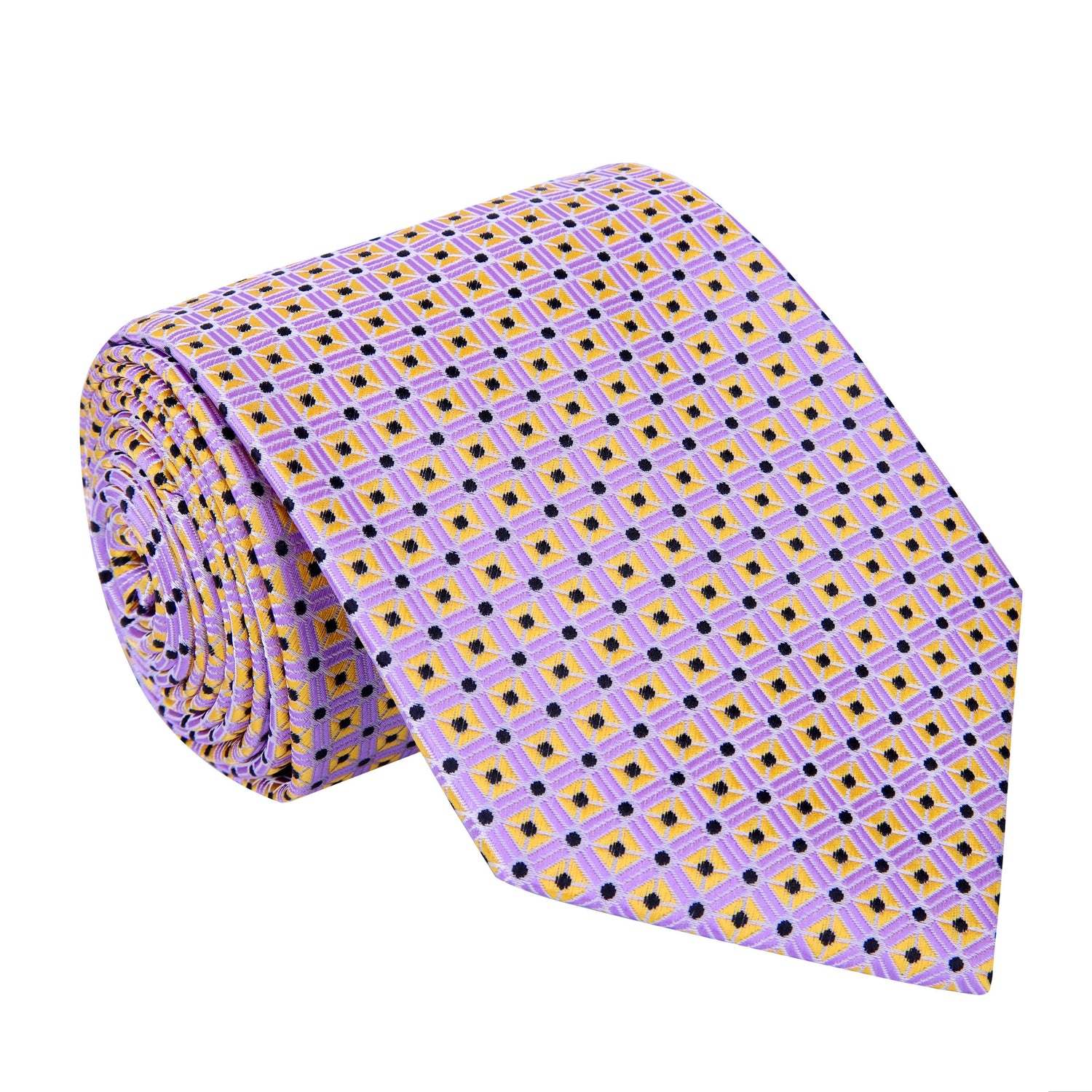 A Lavender, Golden Yellow, Black Check Pattern Silk Necktie 
