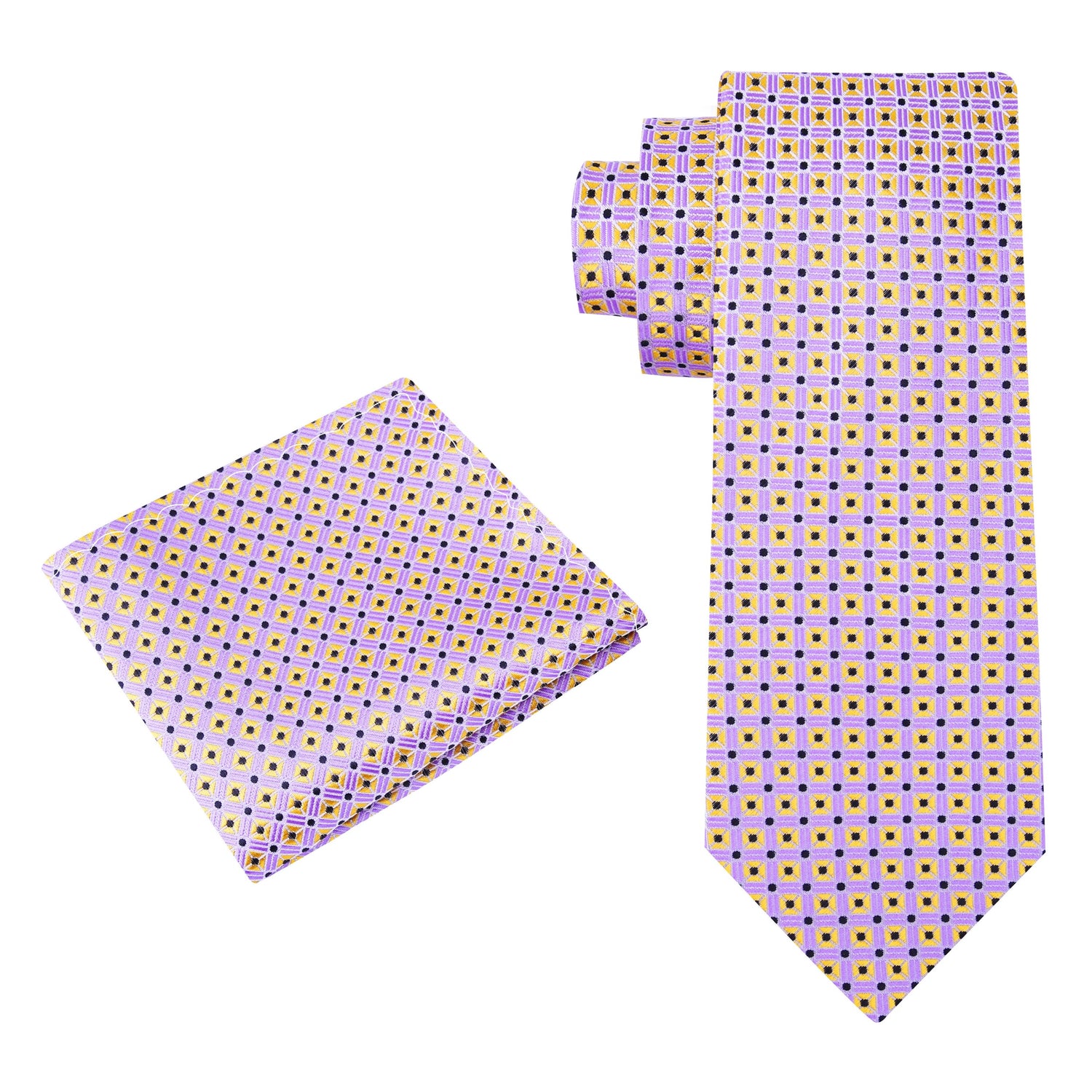 Alt view: A Lavender, Golden Yellow, Black Check Pattern Silk Necktie, Matching Pocket Square
