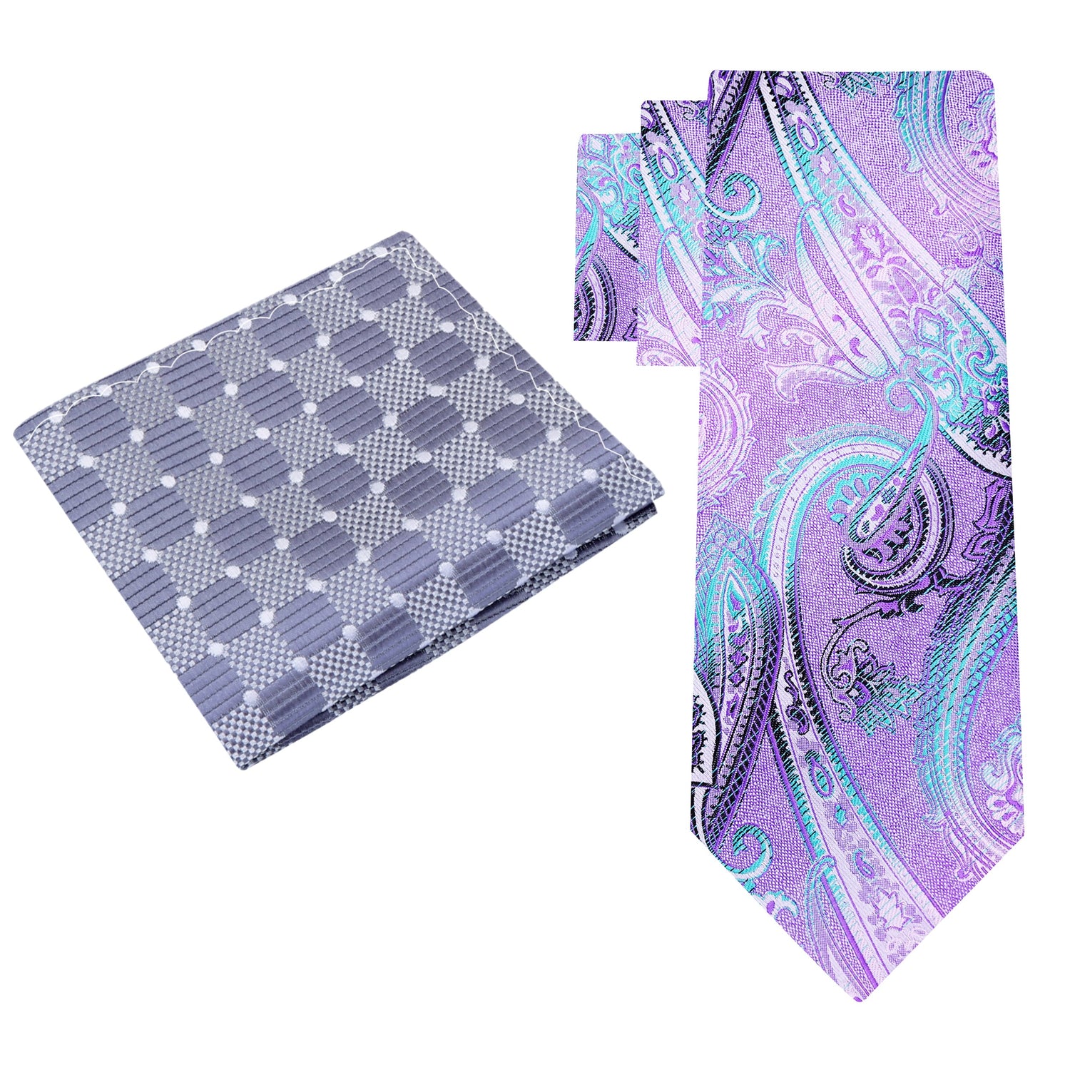 Alt View: Light Purple, Light Blue Paisley Necktie with Accenting Grey Geometric Pocket Square