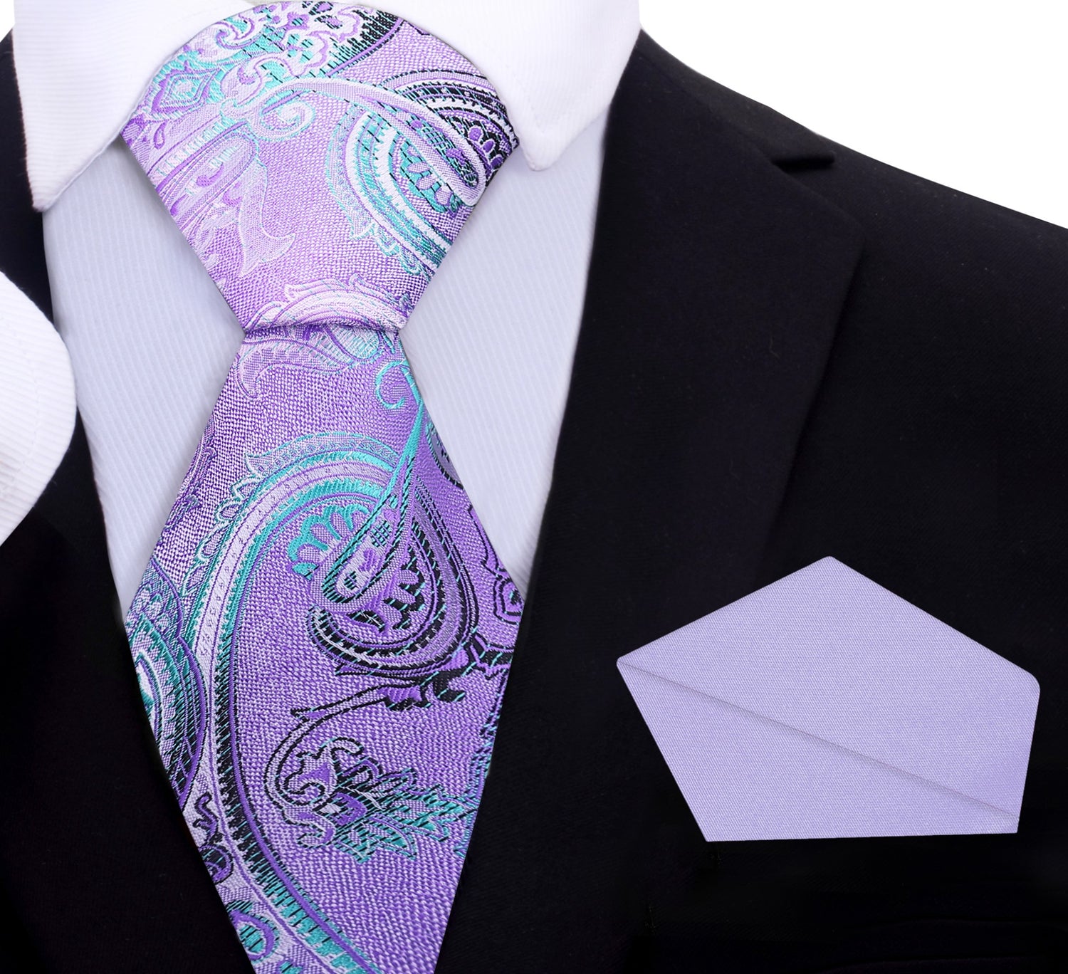 Light Purple, Light Blue Paisley Necktie with Accenting Purple Pocket Square