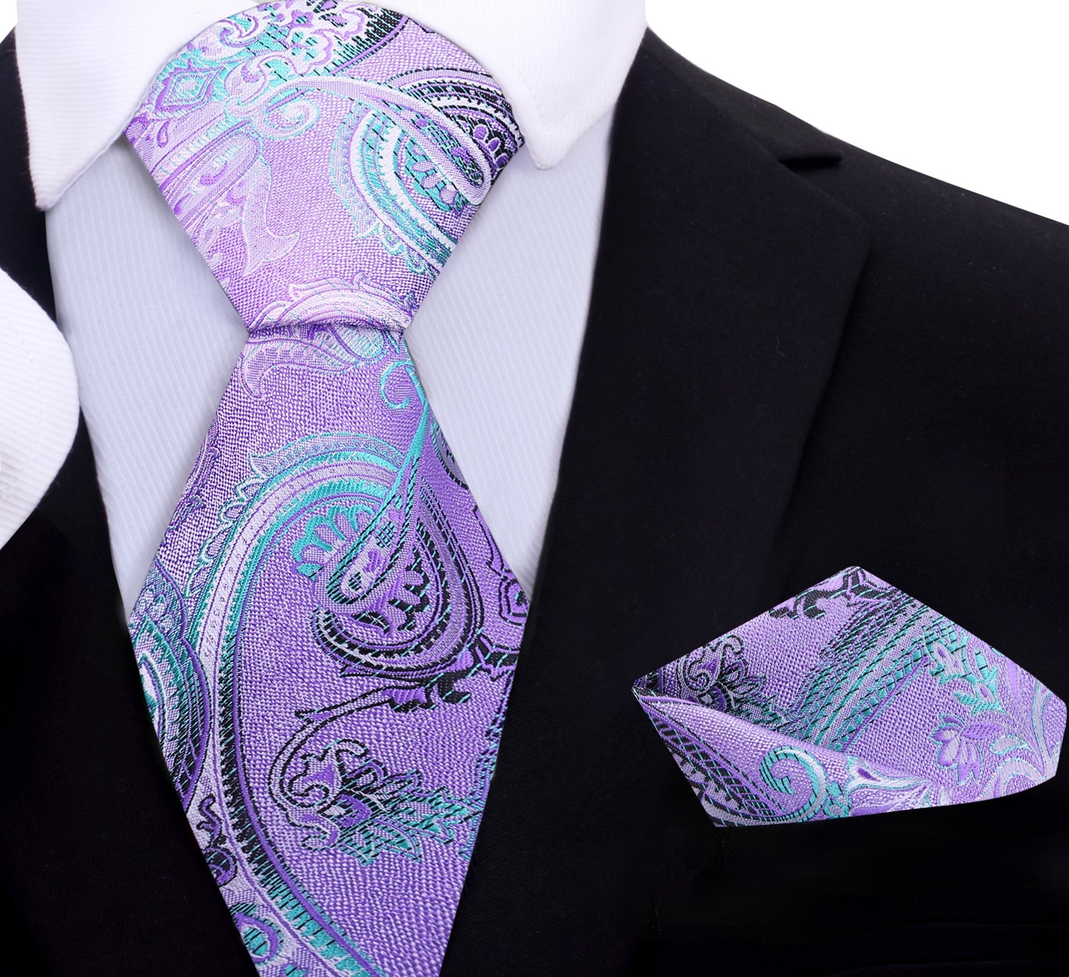 Light Purple, Light Blue Paisley Necktie with Matching Pocket Square