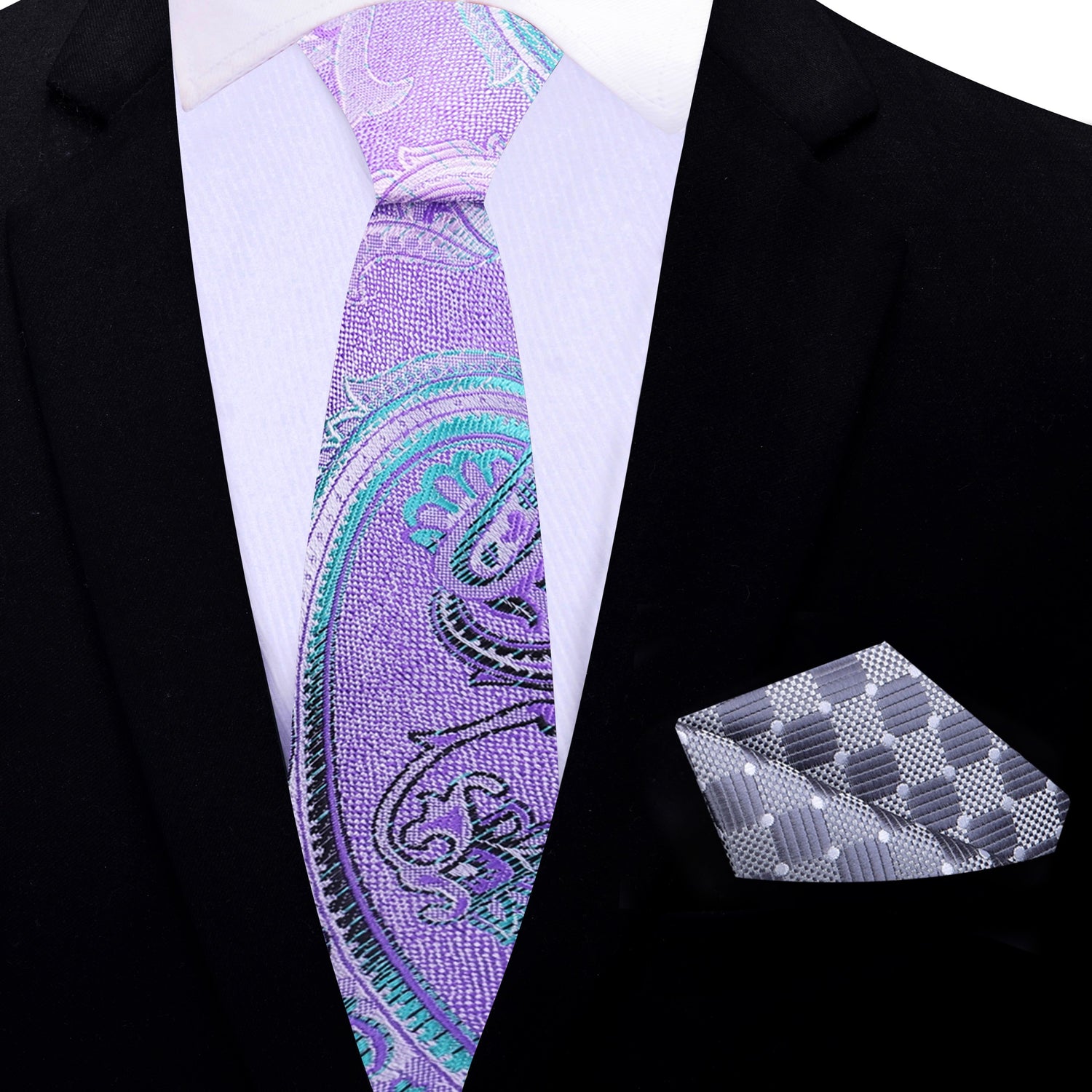 Thin Tie: Light Purple, Light Blue Paisley Necktie with Accenting Grey Geometric Pocket Square