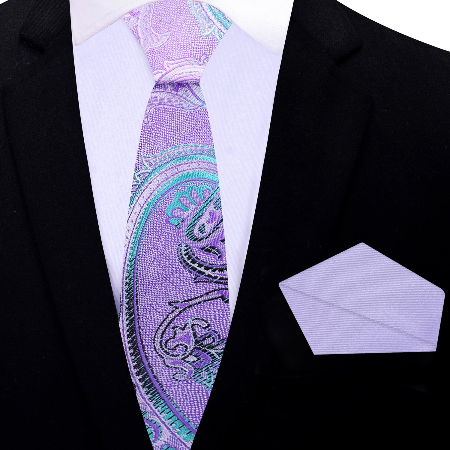 Thin Tie: Light Purple, Light Blue Paisley Necktie with Accenting Purple Pocket Square