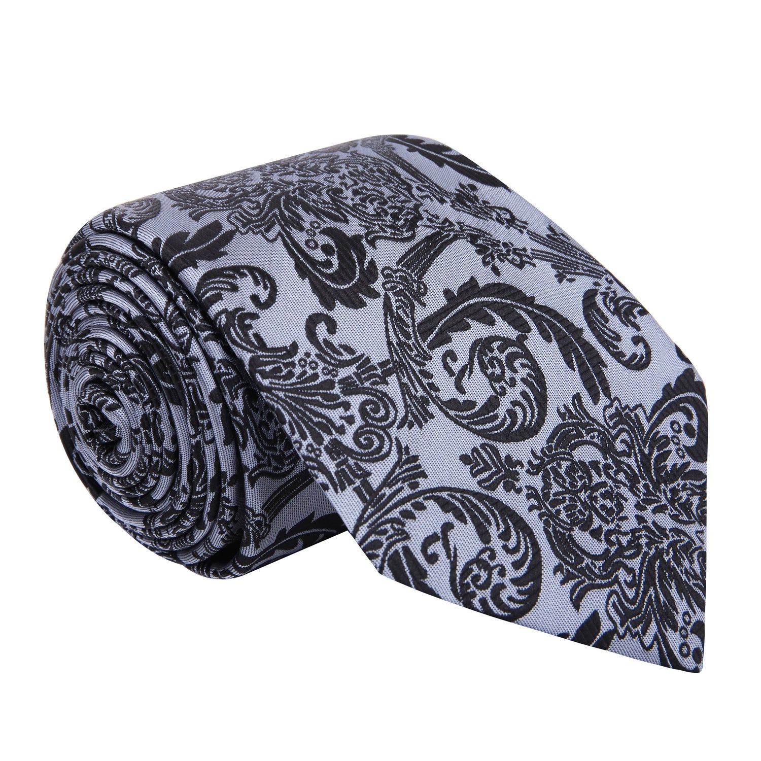 A Silver, Black Floral Pattern Silk Necktie 
