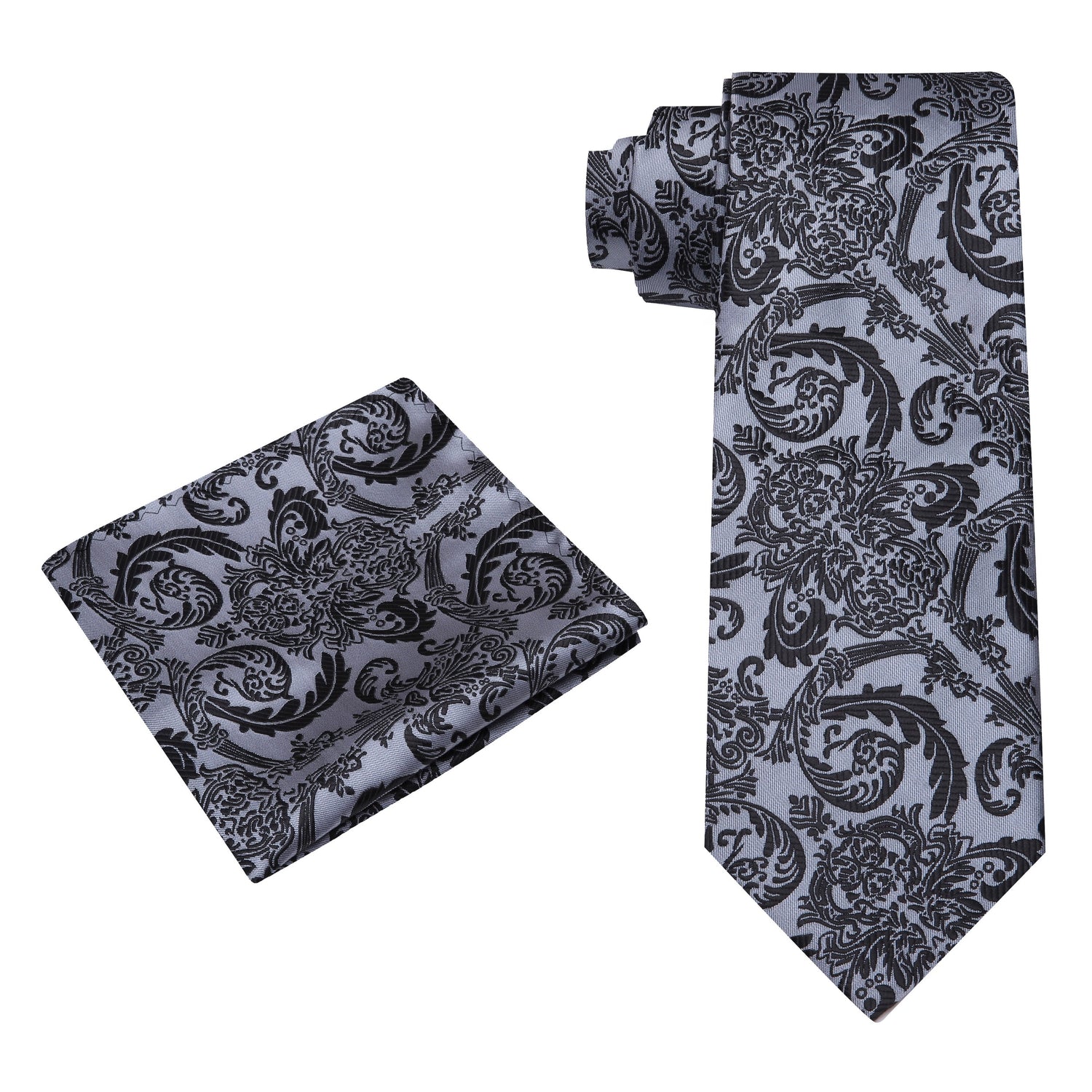 Alt View: A Silver, Black Floral Pattern Silk Necktie, Matching Pocket Square
