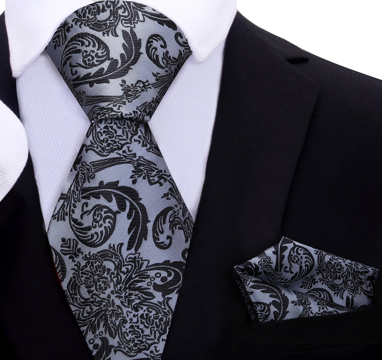 A Silver, Black Floral Pattern Silk Necktie, Matching Pocket Square