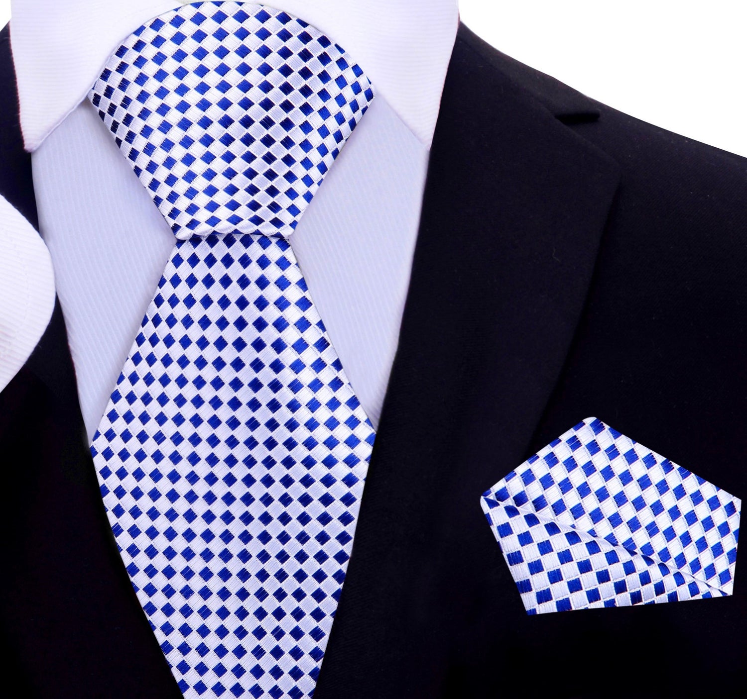 A Light Grey, Blue Check Pattern Silk Necktie, Matching Pocket Square