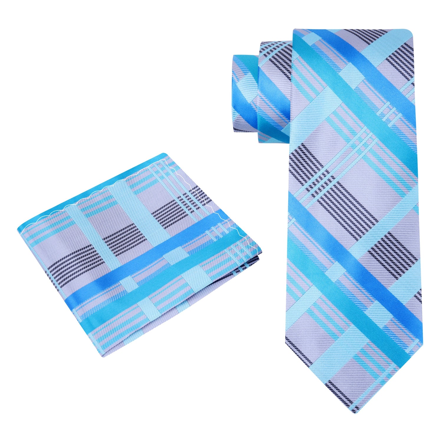 Alt View: A Grey, Light Blue, Ice Blue Plaid Pattern Silk Necktie, Pocket Square 