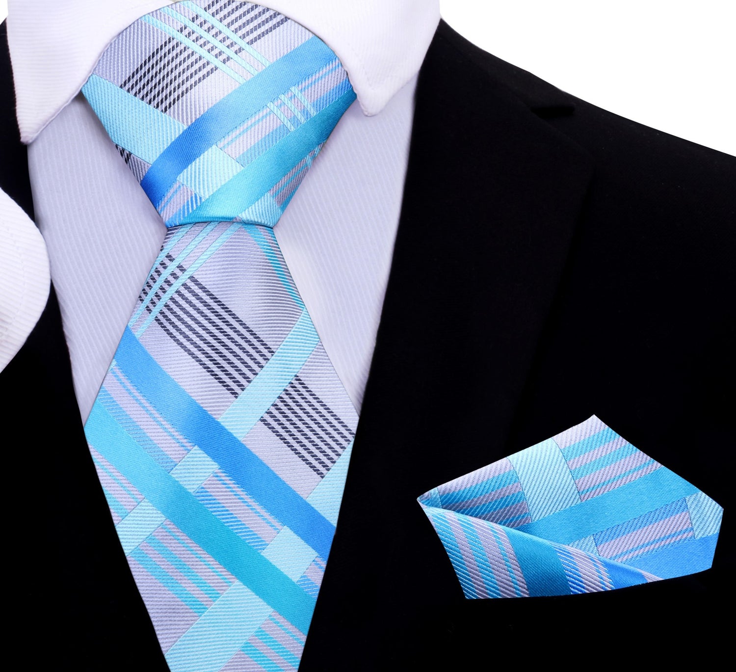 A Grey, Light Blue, Ice Blue Plaid Pattern Silk Necktie, Pocket Square 