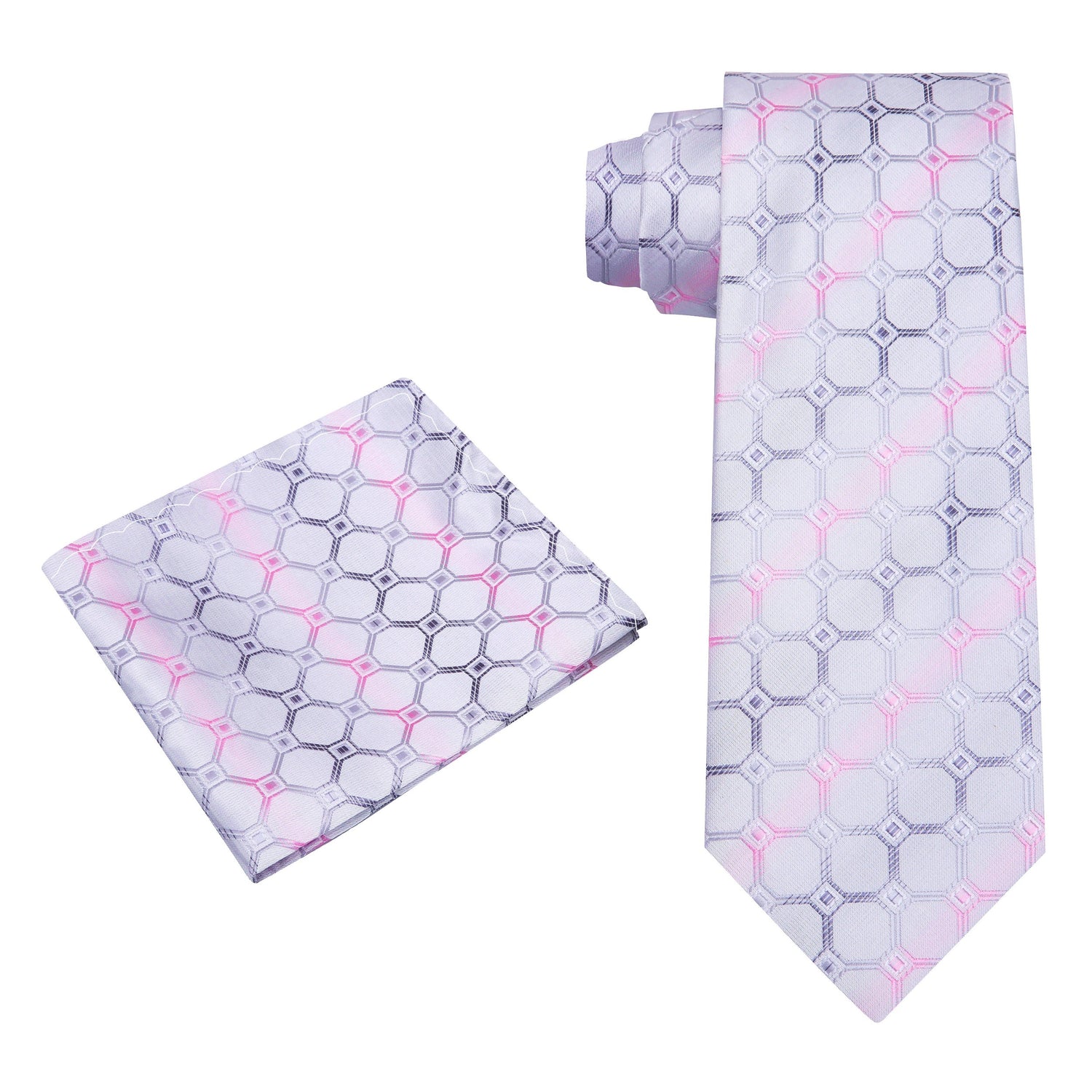An Icy Silver, Pink, White, Black Geometric Squares With Small Diamonds Pattern Silk Necktie, Matching Pocket Square