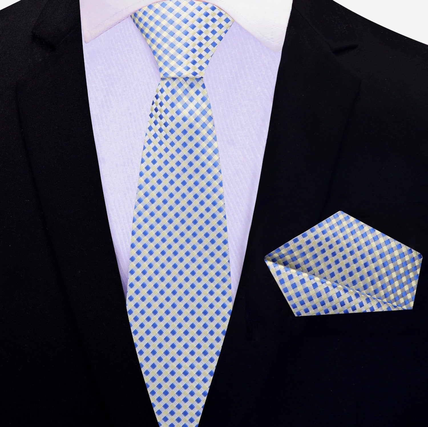 Yellow, Blue Small Check Thin Tie and Pocket Square