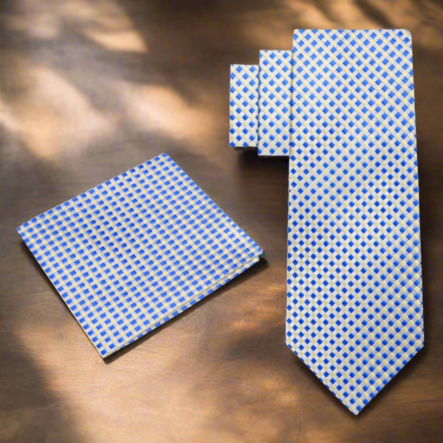 Alt View: Yellow, Blue Small Check Tie and Pocket Square