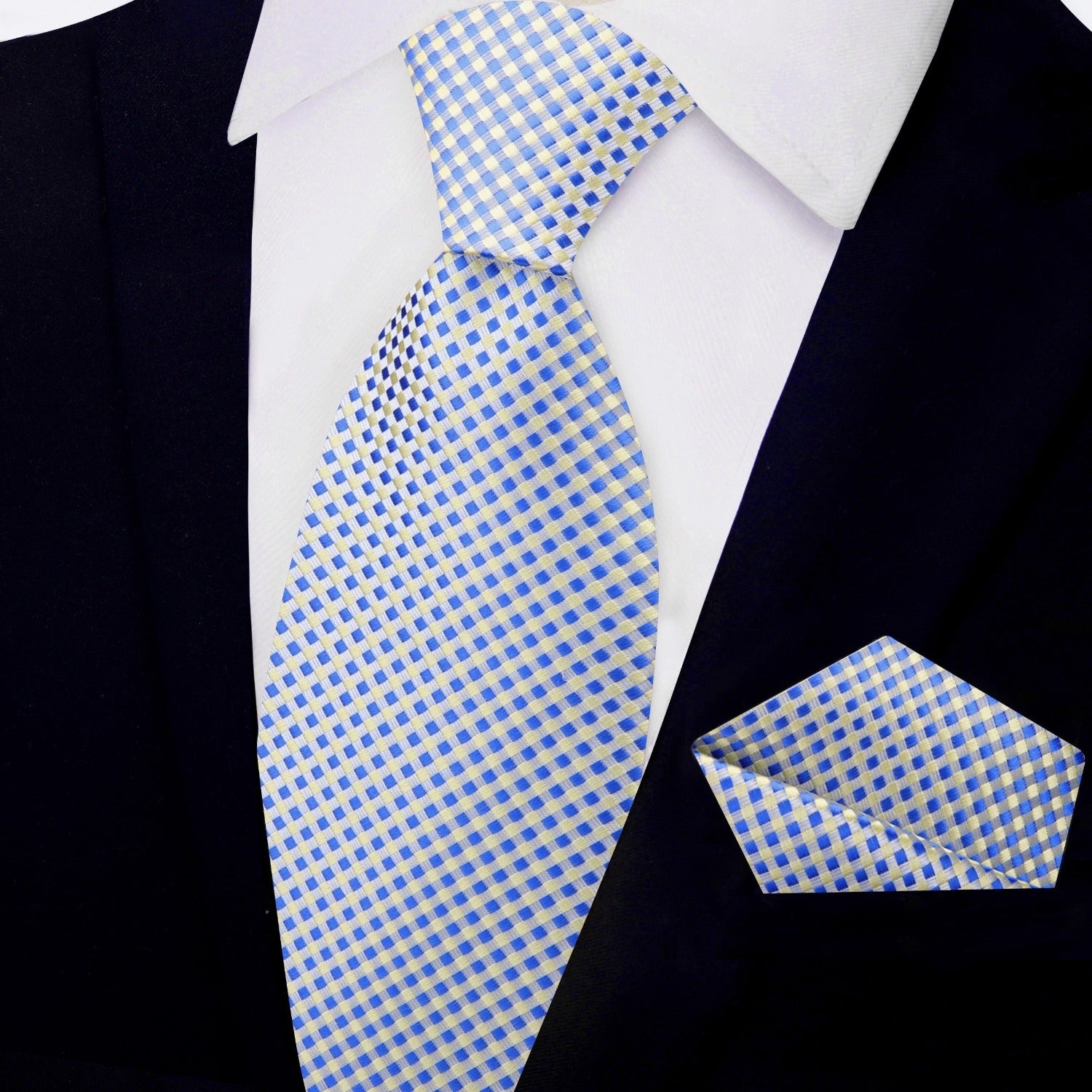 Yellow, Blue Small Check Tie and Pocket Square