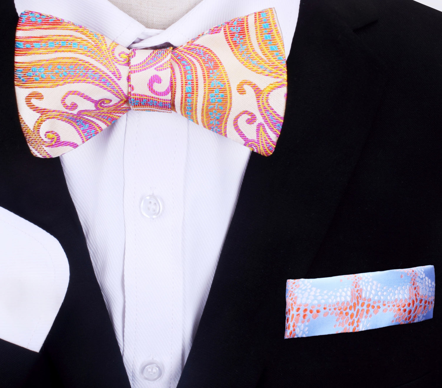 Light Yellow, Pink Abstract Bow Tie and Accenting Square On Suit