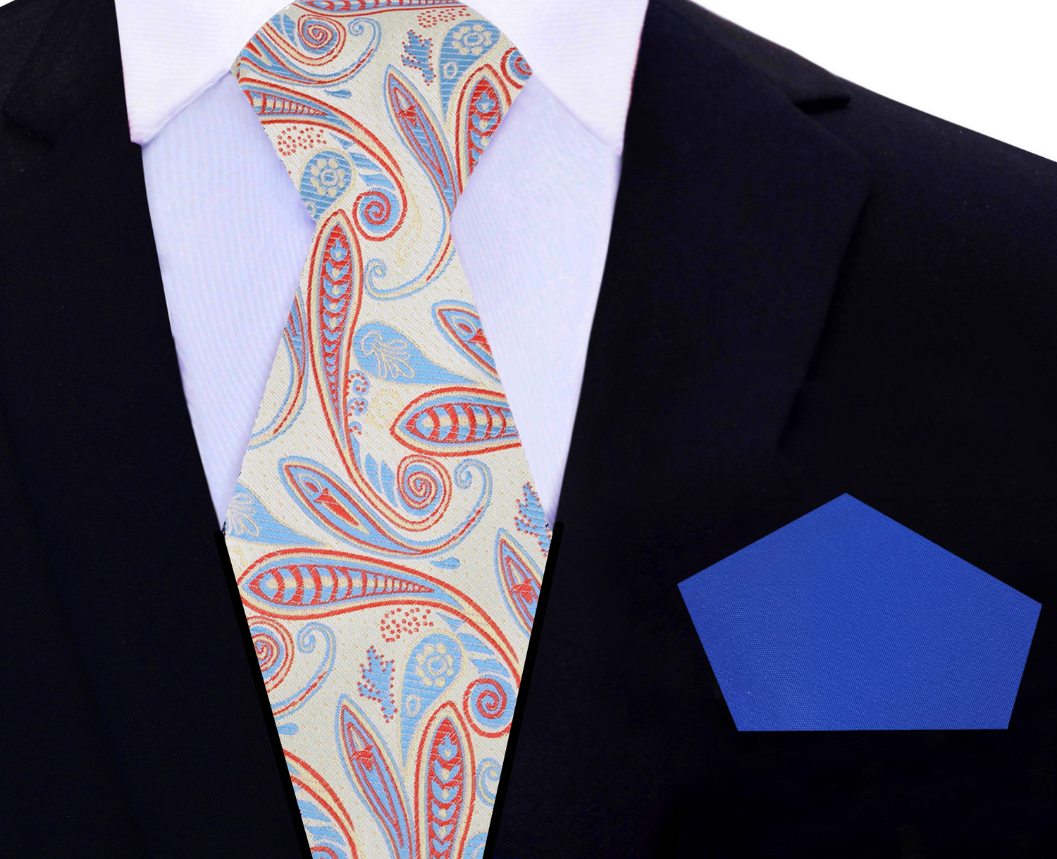 Light Yellow, Red, Blue Paisley Tie and Blue Square