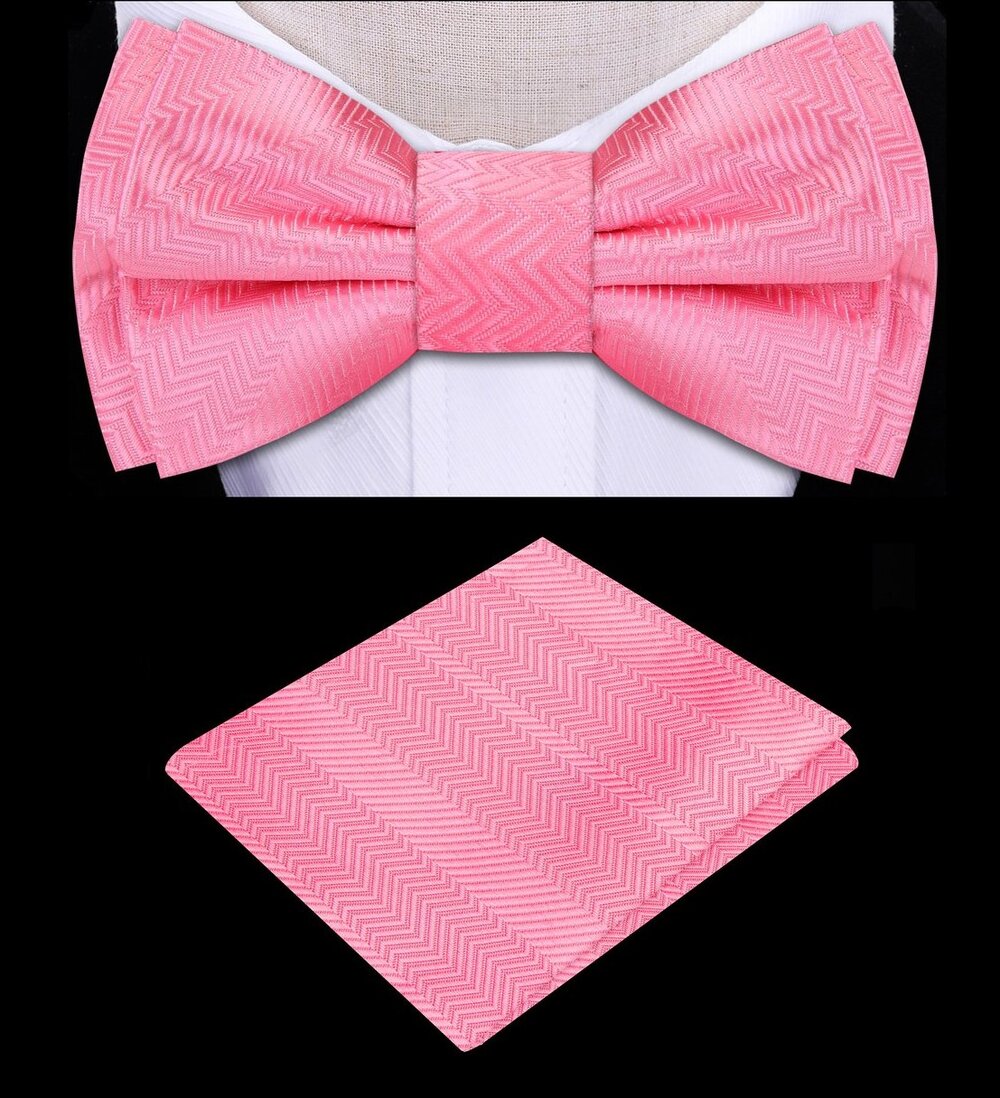 A Solid Pink Color with Lined Texture Pattern Silk Pre-Tied Bow Tie, Matching Pocket Square