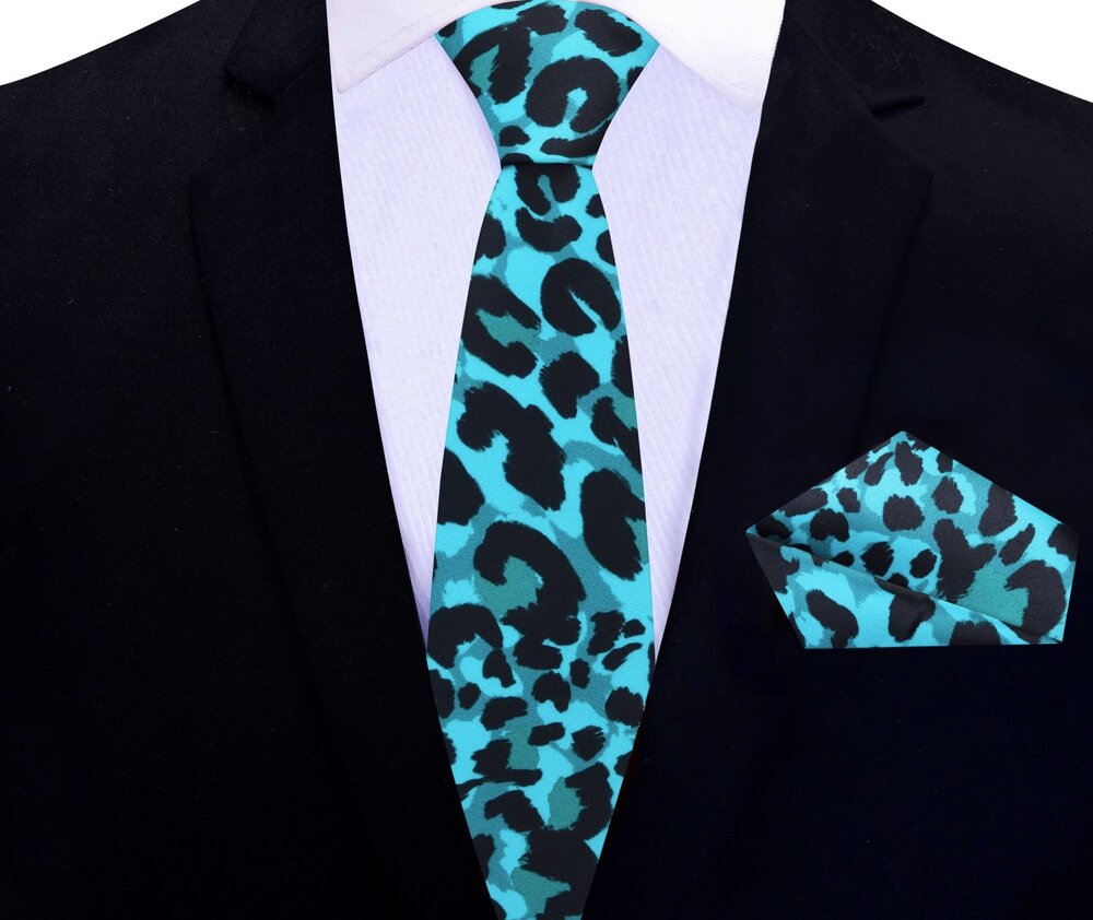 Light Blue, Black Cheetah Thin Tie and Pocket Square||Light Blue