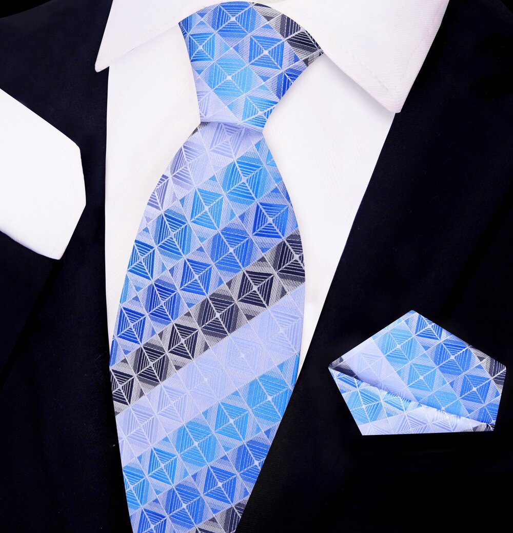 Regular Width: Smooth Royal, Sky Blue, Steel Blue Geometric Blocks Tie And Pocket Square||Smooth Royal, Sky Blue, Steel Blue